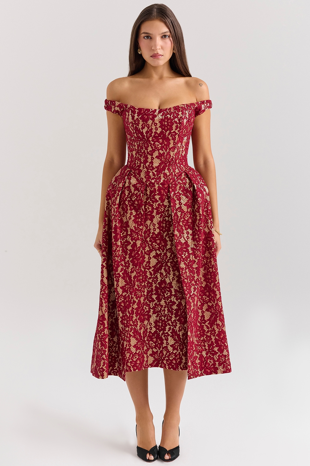 Charming  Gold and Berry Lace Midi Off Shoulder Dress — image 1