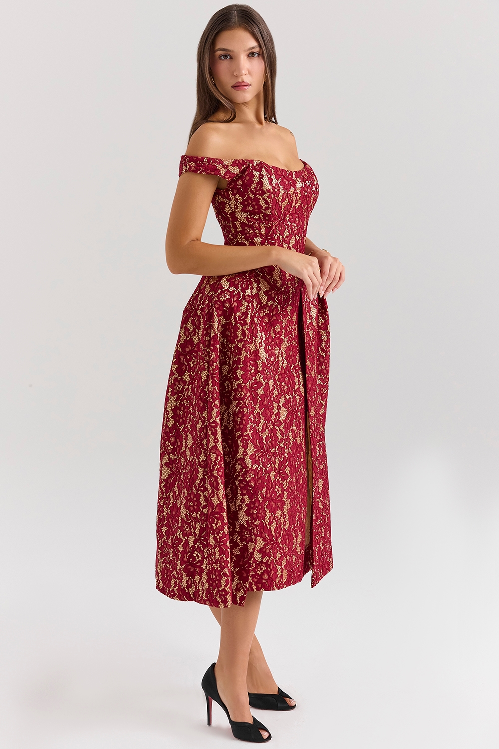 Charming  Gold and Berry Lace Midi Off Shoulder Dress — image 6