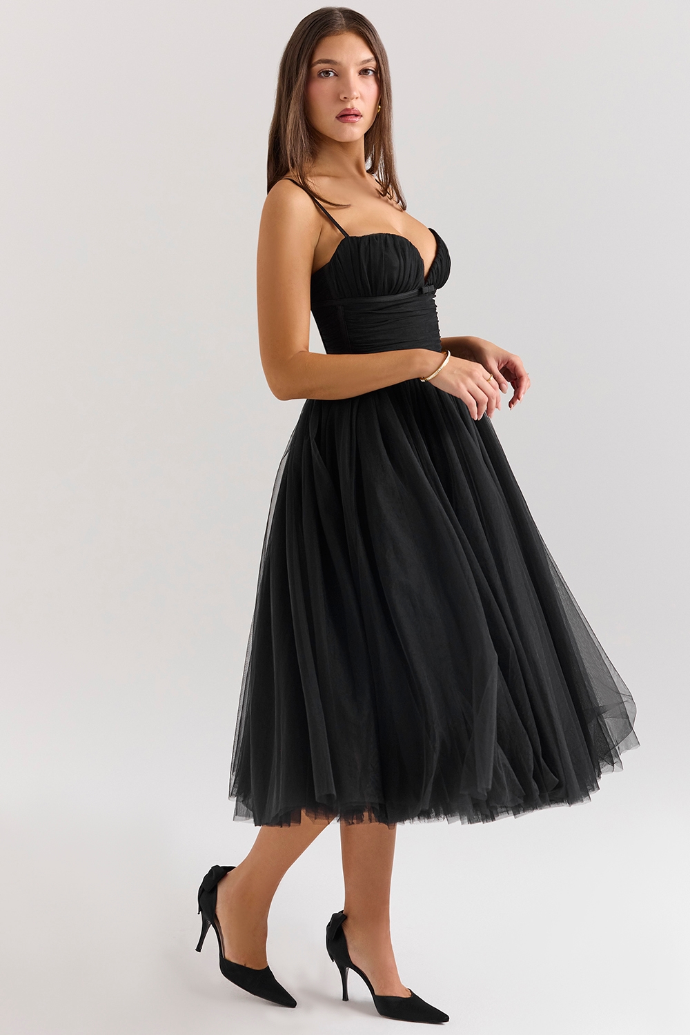 Countess  Black Tulle Ruched Bodice Midi Dress — image 3