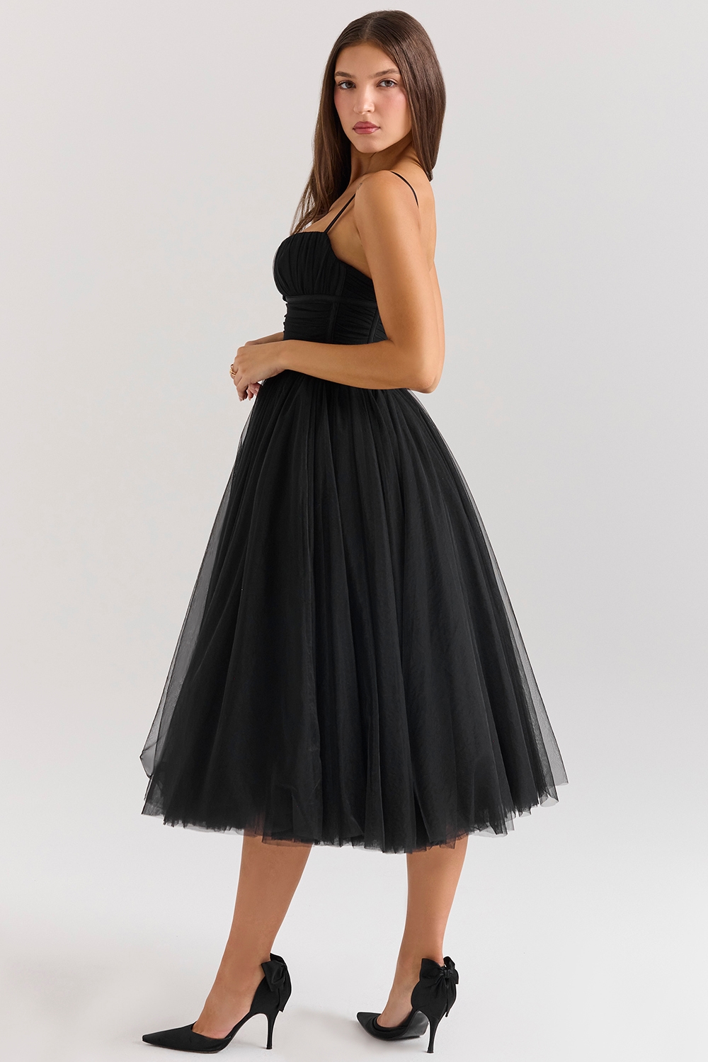 Countess  Black Tulle Ruched Bodice Midi Dress — image 5