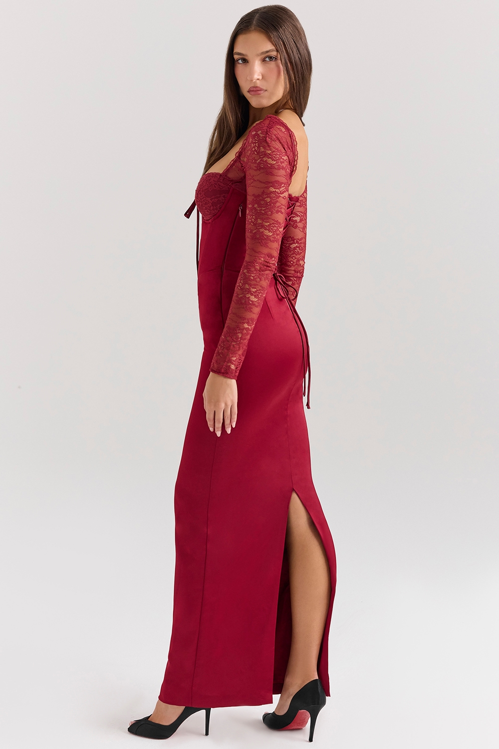 Perdi  Berry Satin Maxi Dress with Corset — image 7