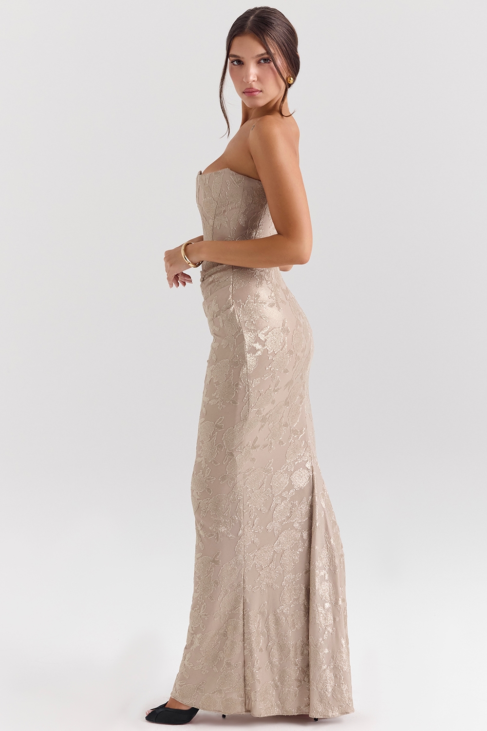 Persephone  Pale Gold Chiffon Mesh Strapless Corset Maxi Dress — image 7