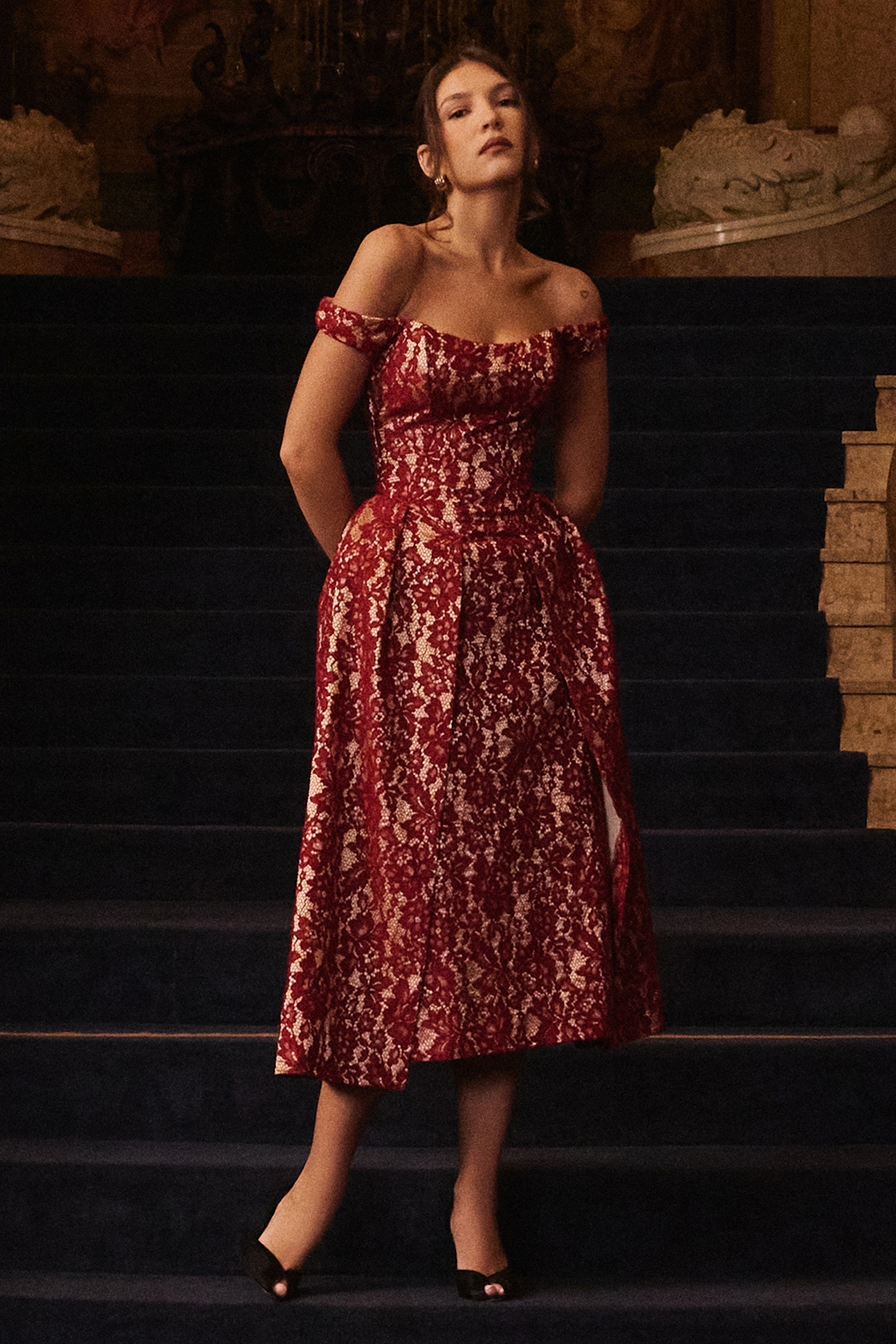 Charming  Gold and Berry Lace Midi Off Shoulder Dress — image 9