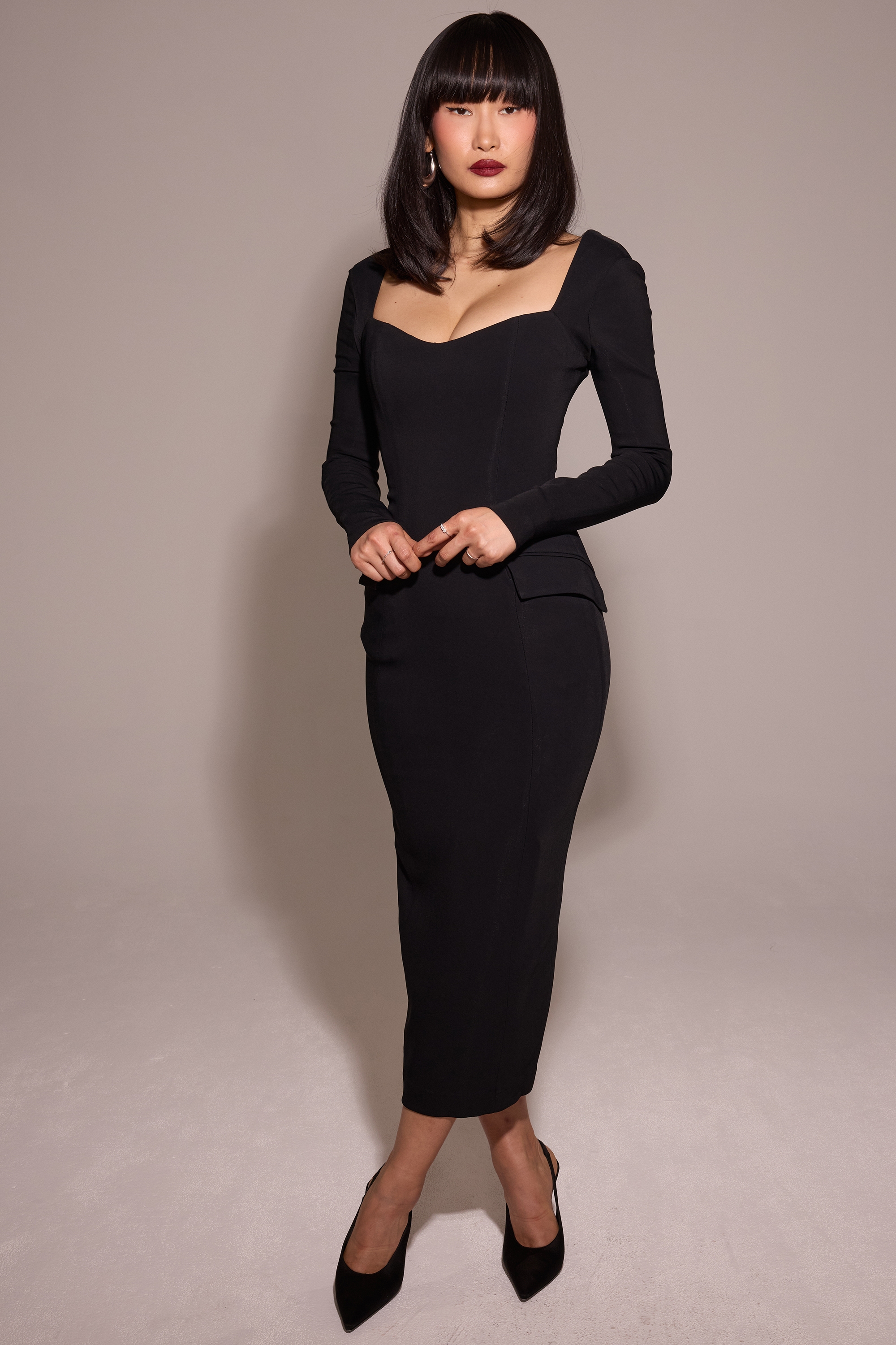Ella  Black Stretch Crepe Long Sleeve Midi Dress — image 8