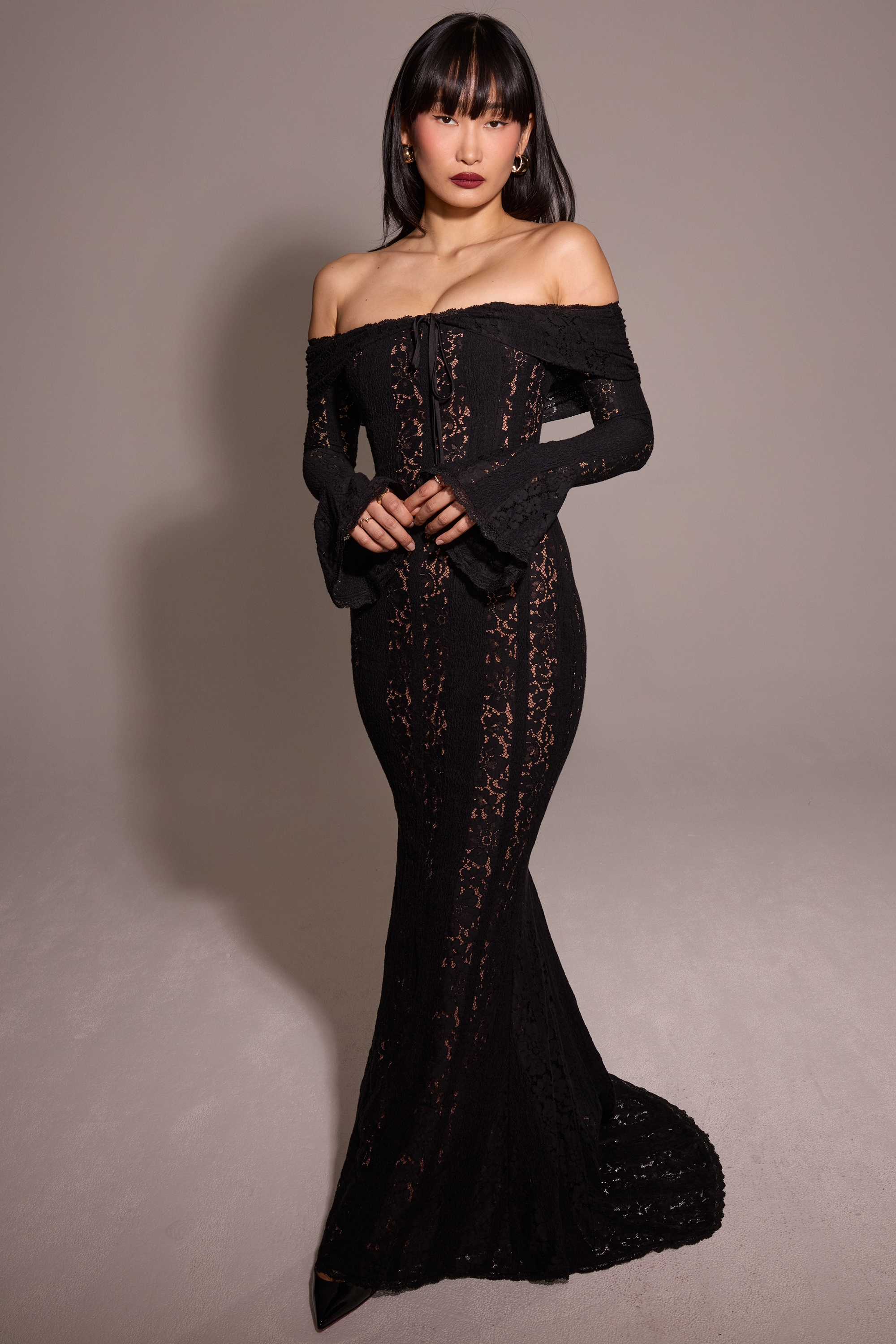 Belle  Black Off Shoulder Floral Lace Maxi Dress — image 11