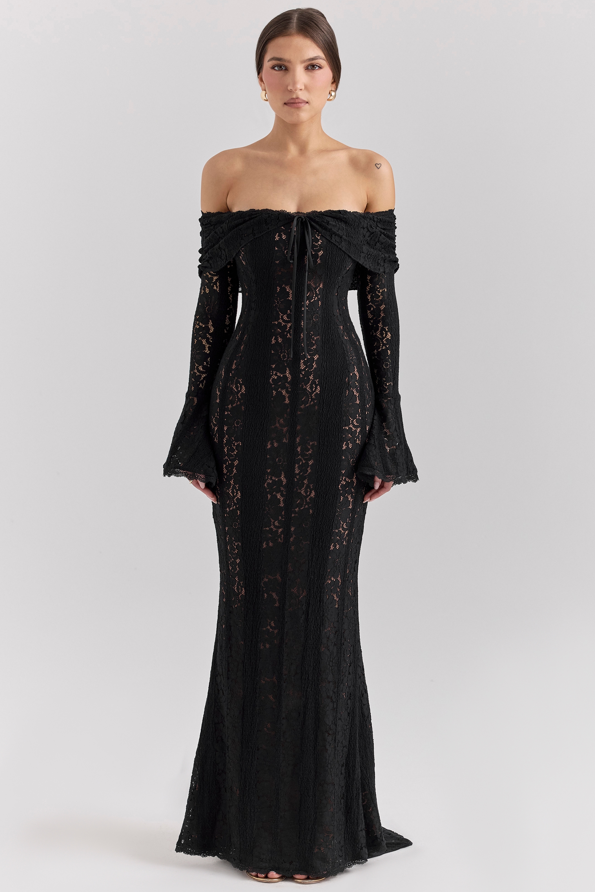 Belle  Black Off Shoulder Floral Lace Maxi Dress — image 3