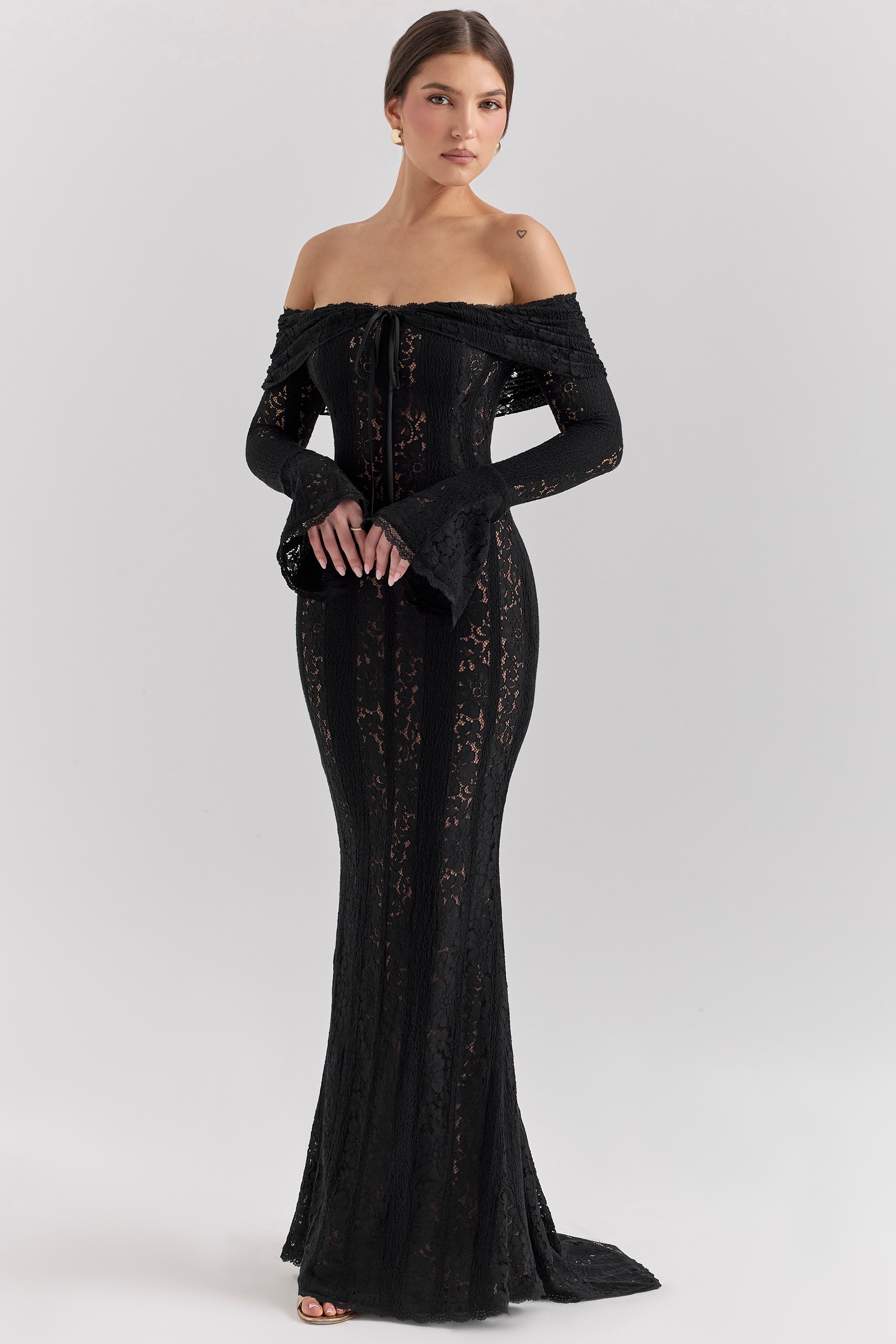 Belle  Black Off Shoulder Floral Lace Maxi Dress — image 5