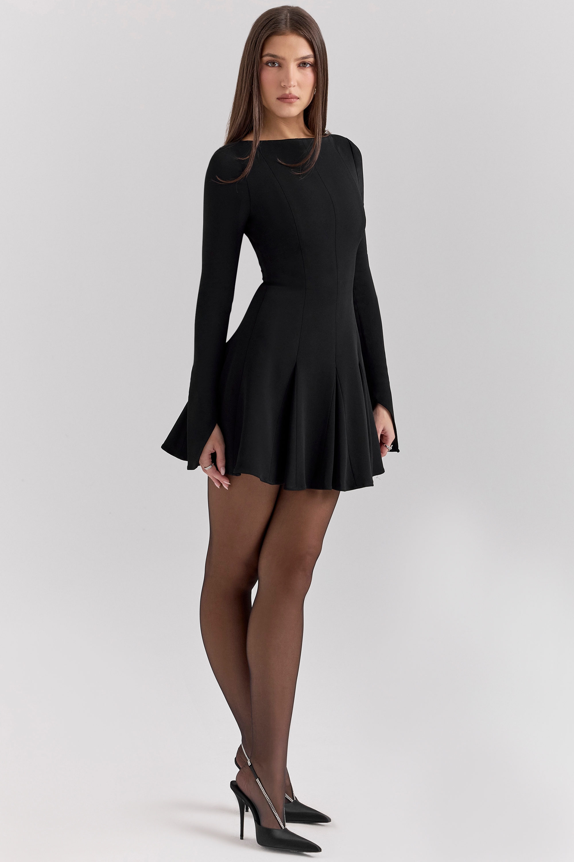 Francesca  Black Stretch Crepe Godet Mini Dress — image 5