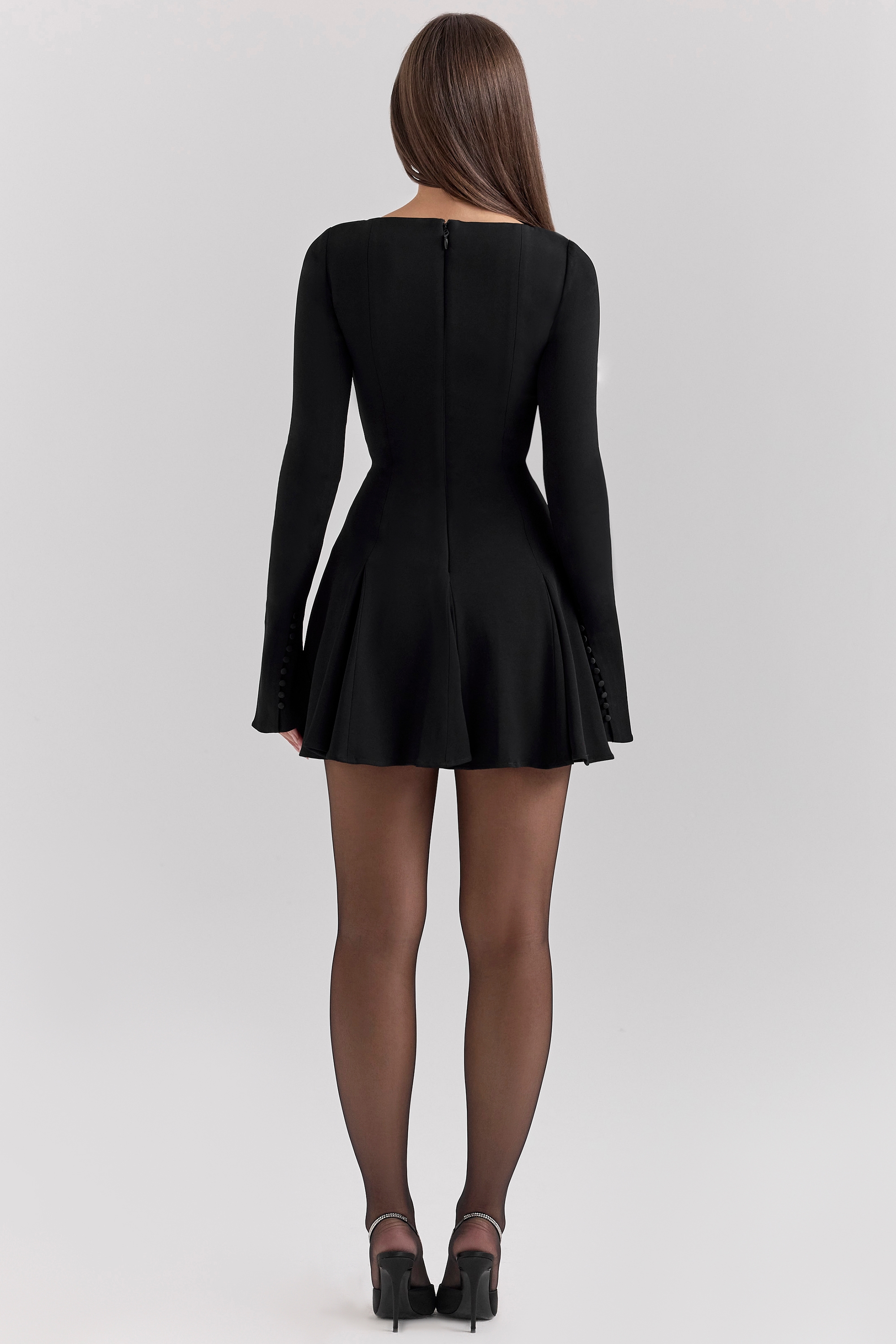 Francesca  Black Stretch Crepe Godet Mini Dress — image 7