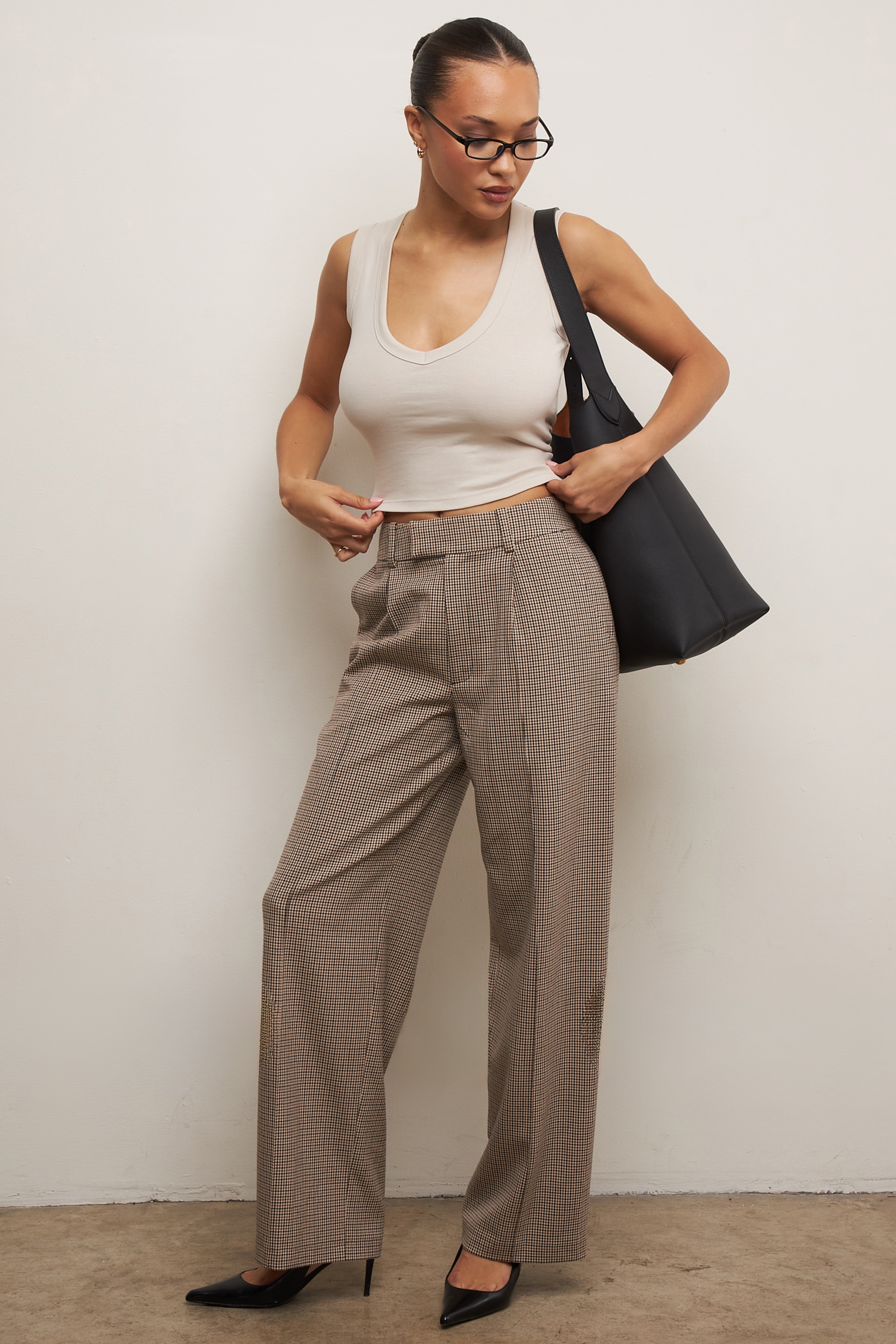 Hayden  Brown Puppytooth Wide Leg High Waist Tailored Trousers — image 2
