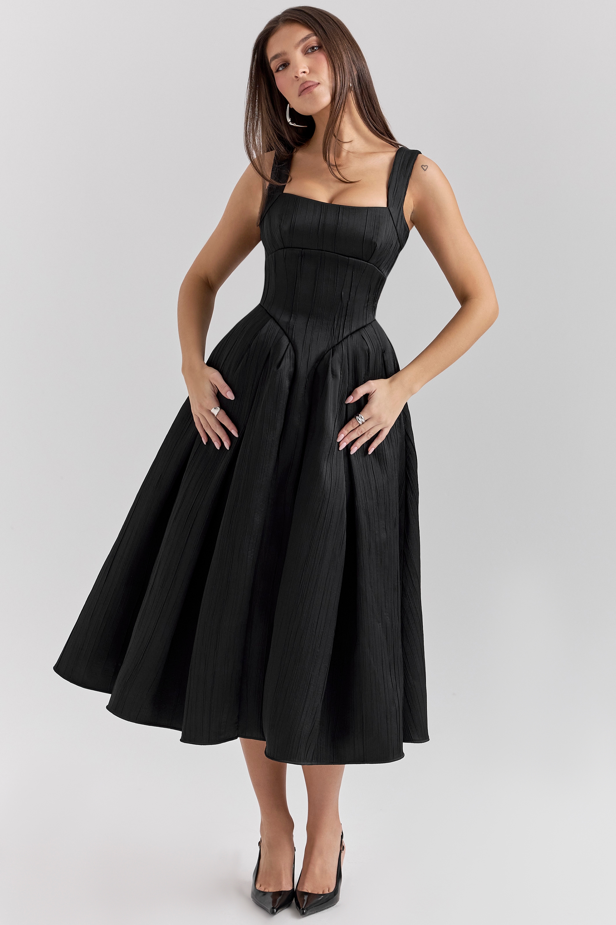 Isabeau  Black Textured Satin Corset Midi Dress — image 3