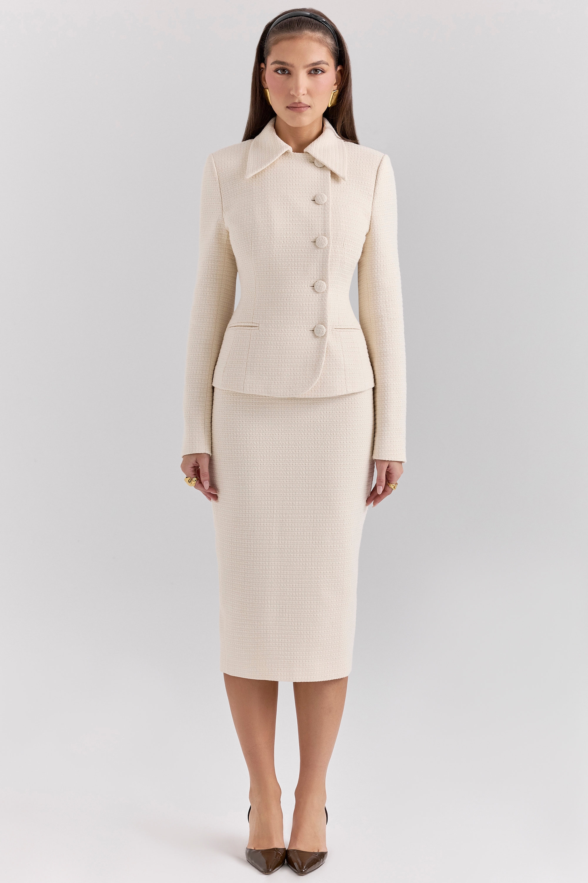 Lena  Cream Boucle Pencil Midi Skirt — image 3