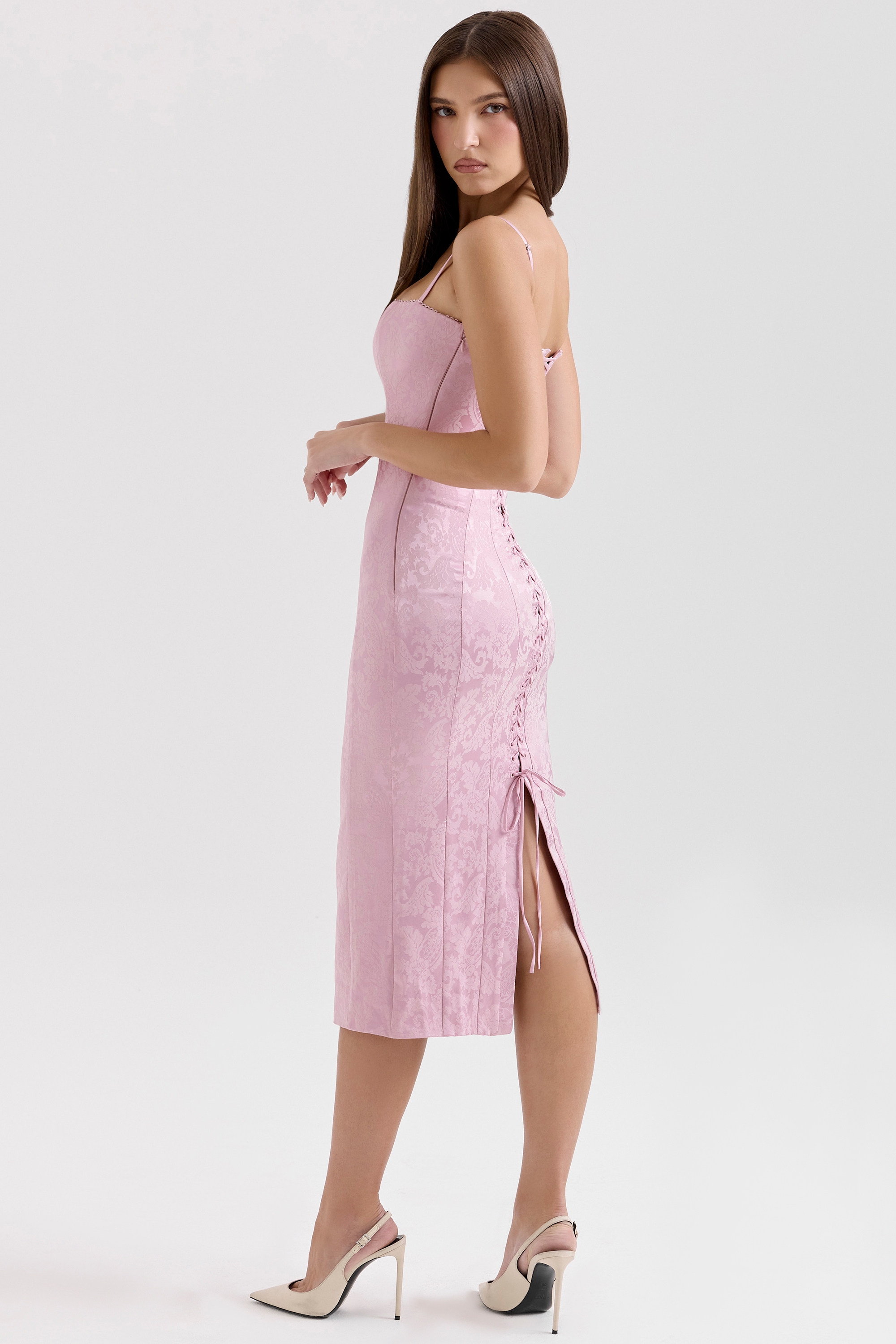 Ophelle  Pink Jacquard Lace Up Bodycon Midi Dress — image 8