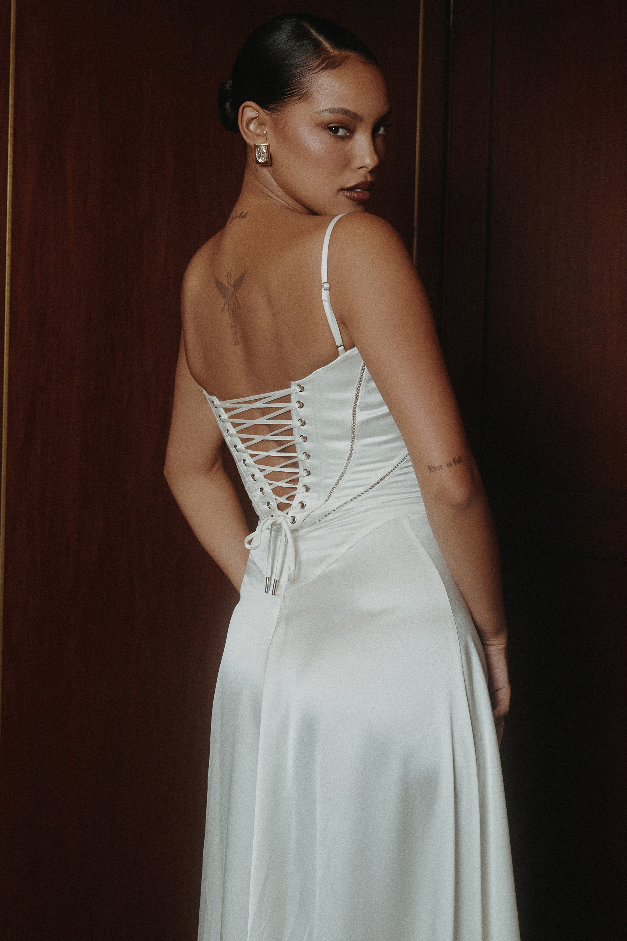 Anabella  Ivory Satin Lace Up Maxi Dress — image 8