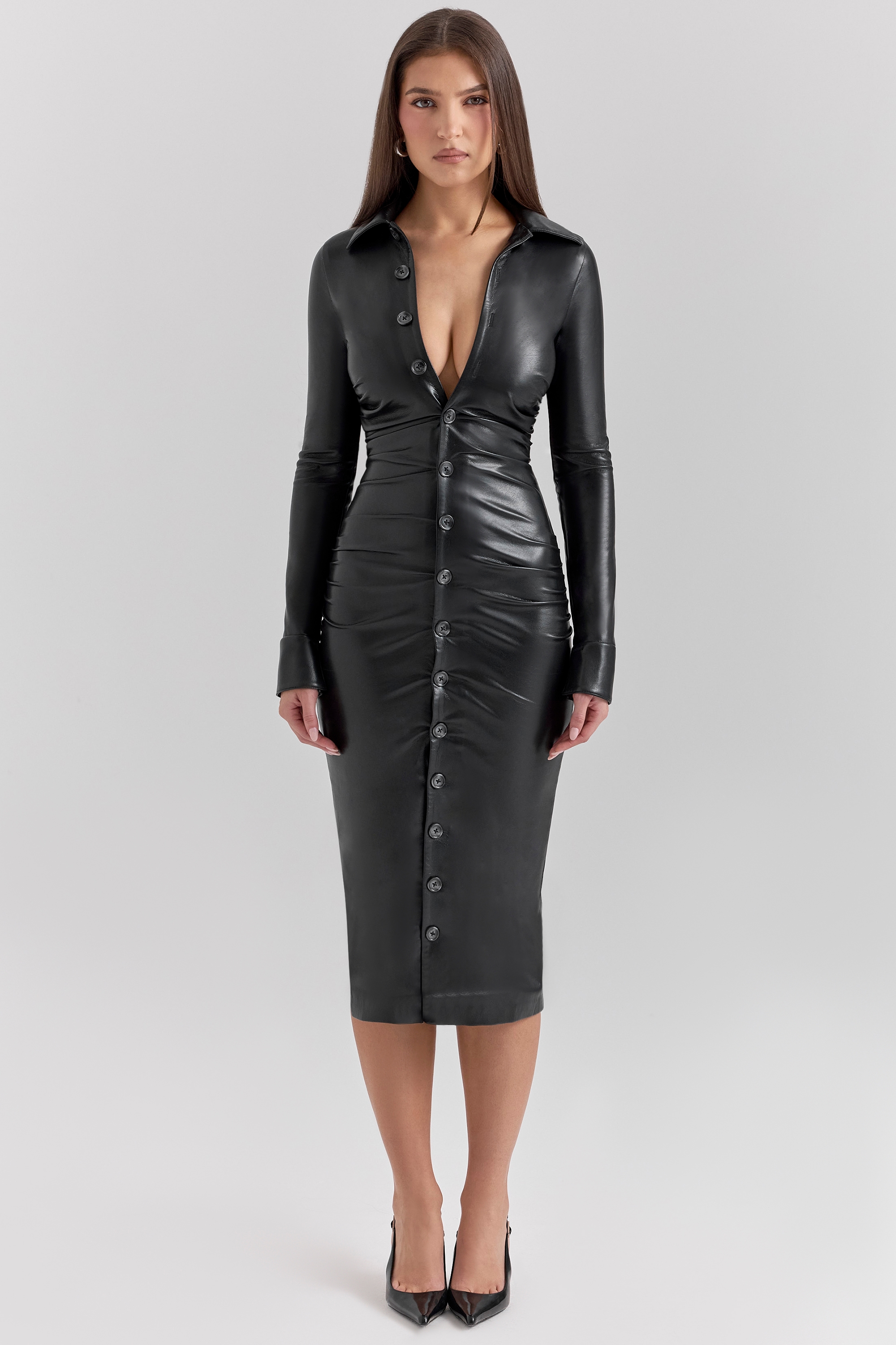 Viola  Black Vegan Leather Long Sleeve Midi Dress — image 3