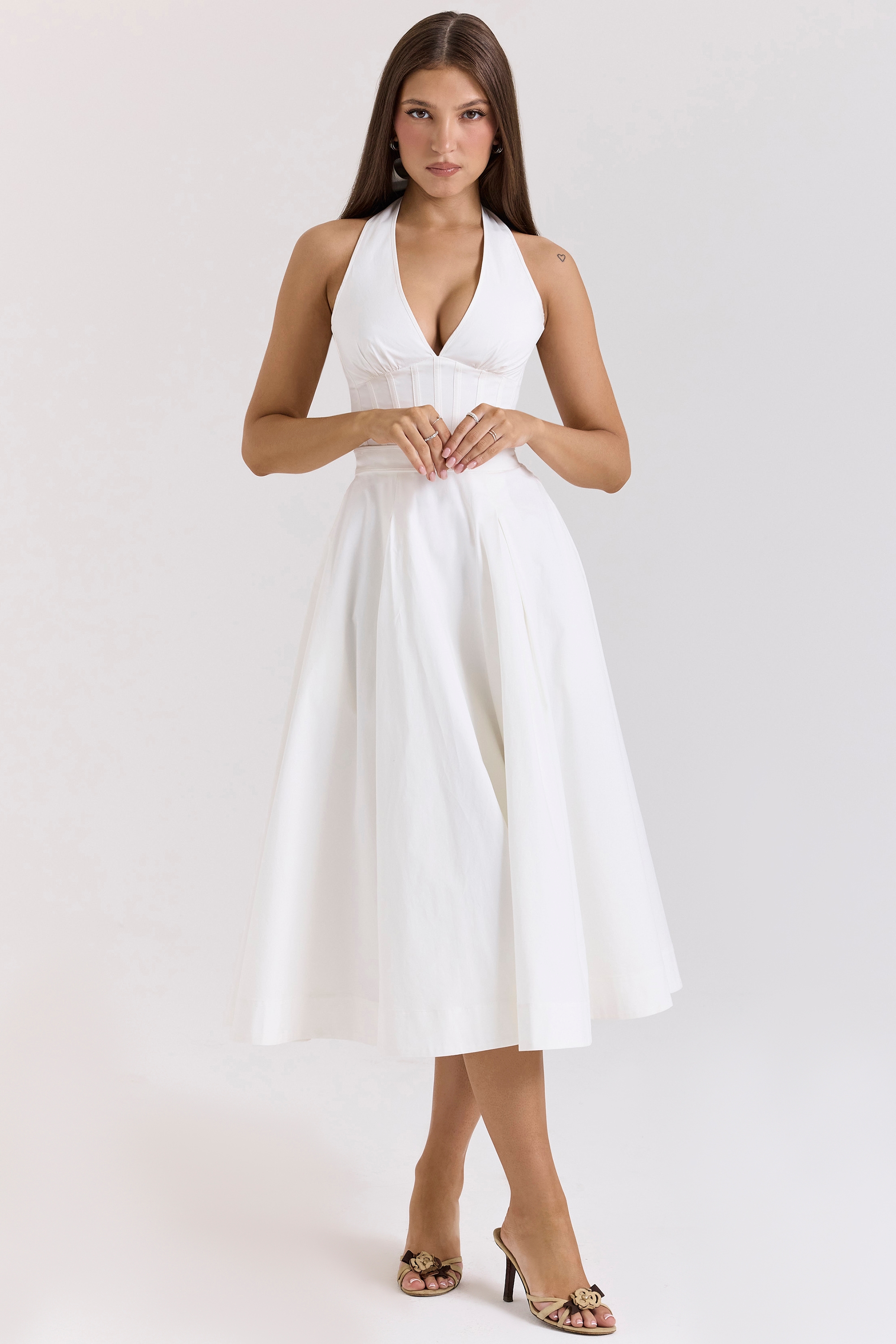 Allena  White Stretch Cotton Halter Midi Sundress — image 2