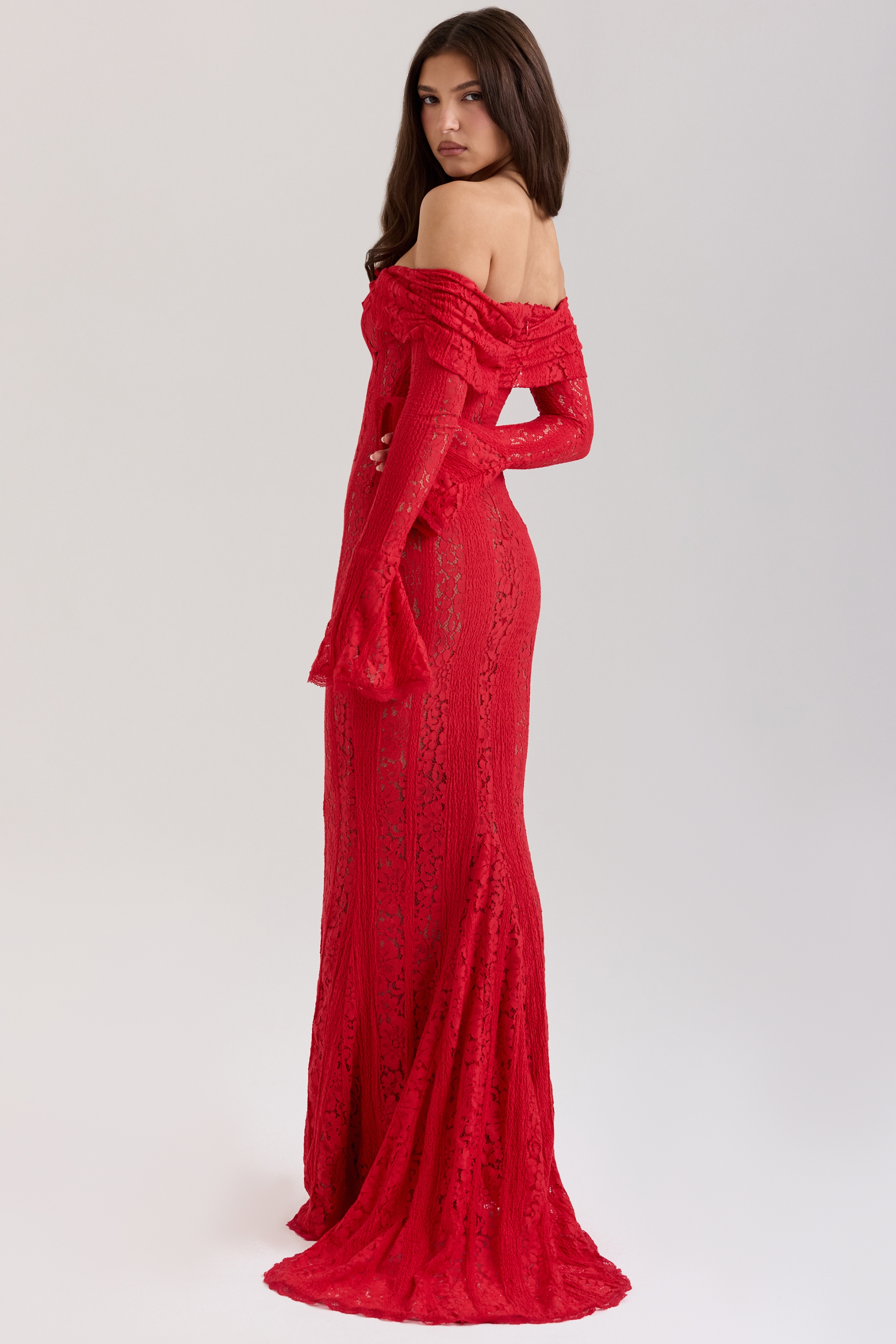 Belle  Red Off Shoulder Floral Lace Maxi Dress — image 2