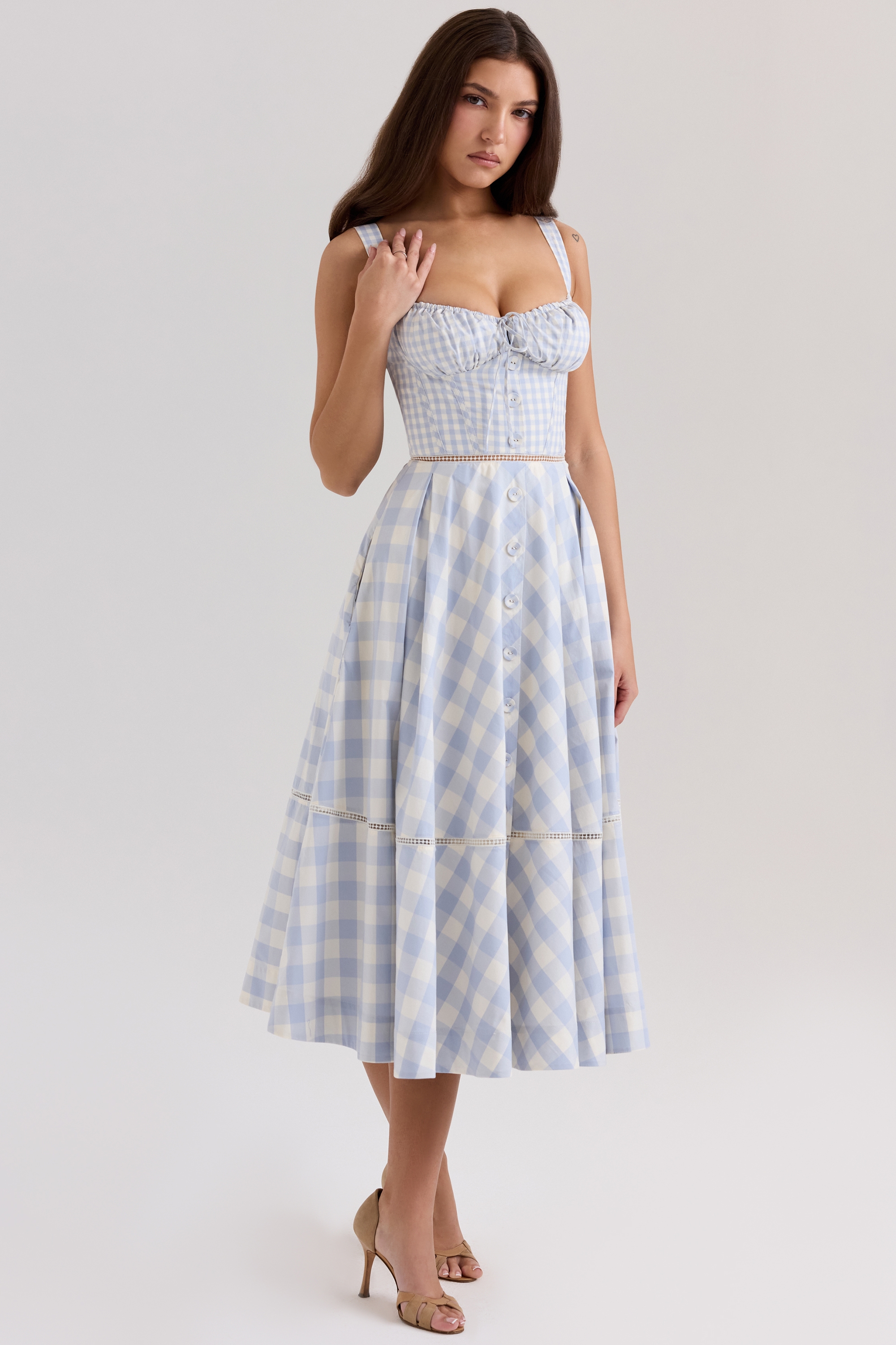 Chiarina  Light Blue Gingham Stretch Cotton Midi Dress — image 1