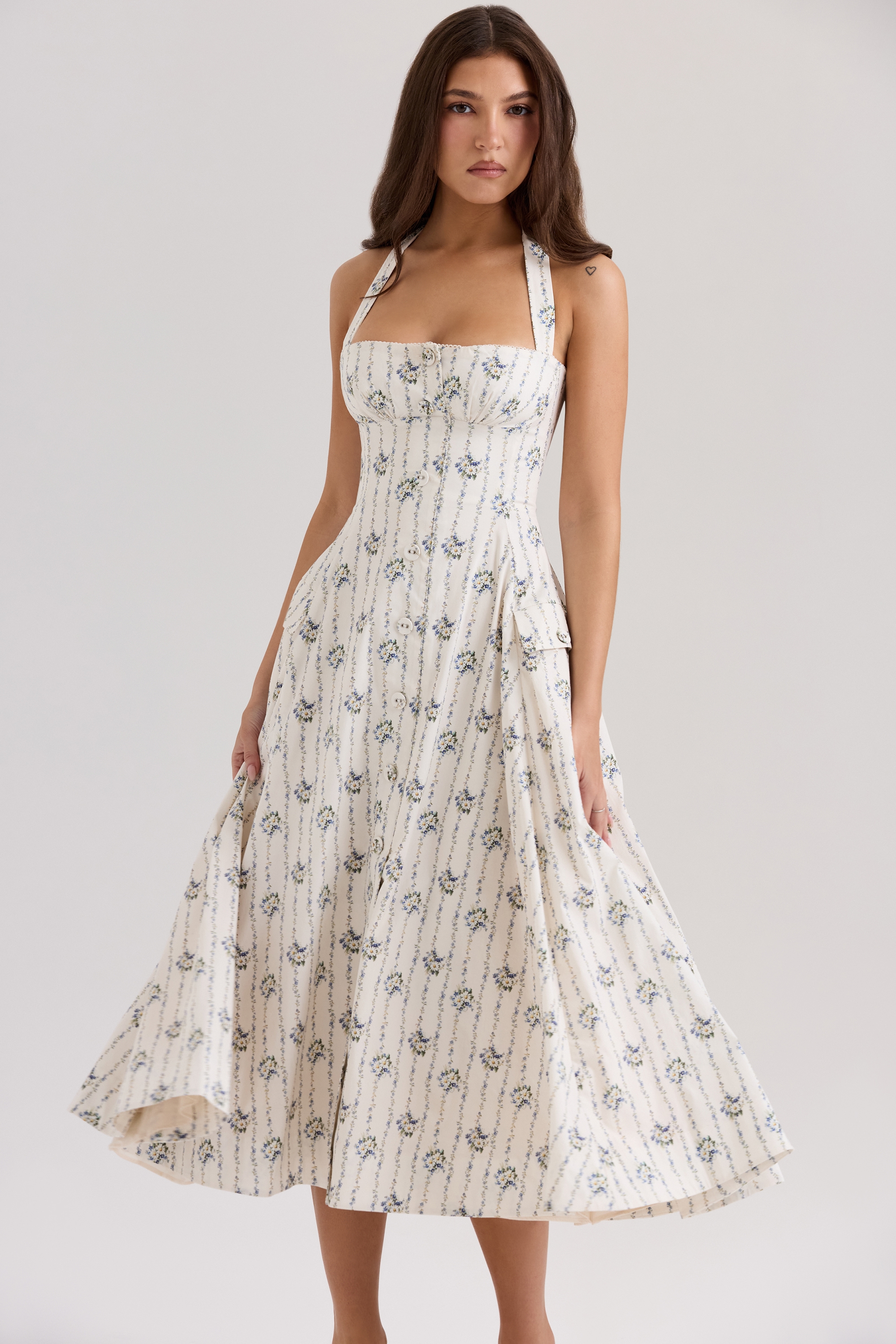 Claudia  Cream Daisy Print Stretch Cotton Halter Neck Midi Dress — image 1