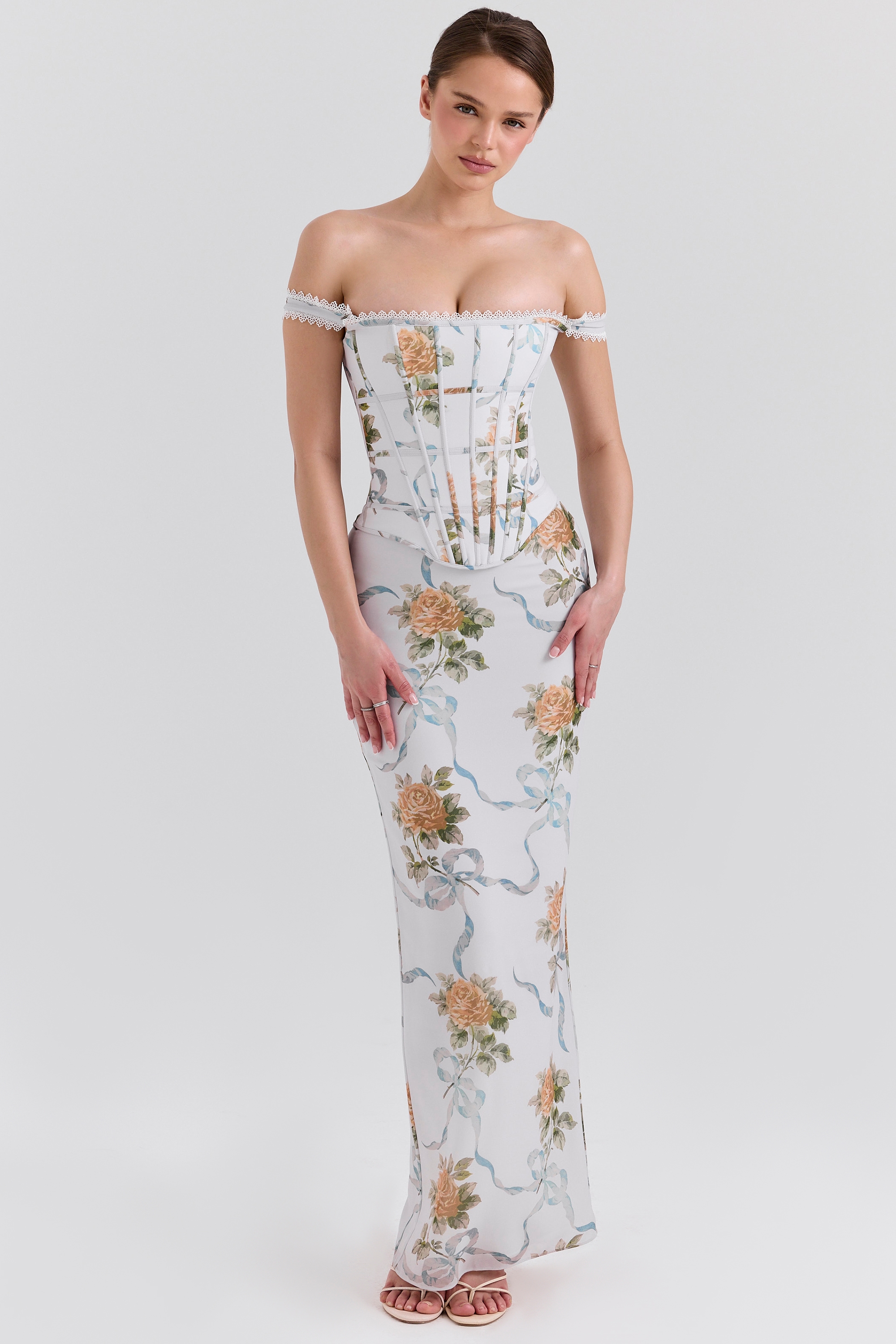 Isis  Soft Blue Vintage Print Corset Maxi Dress — image 3