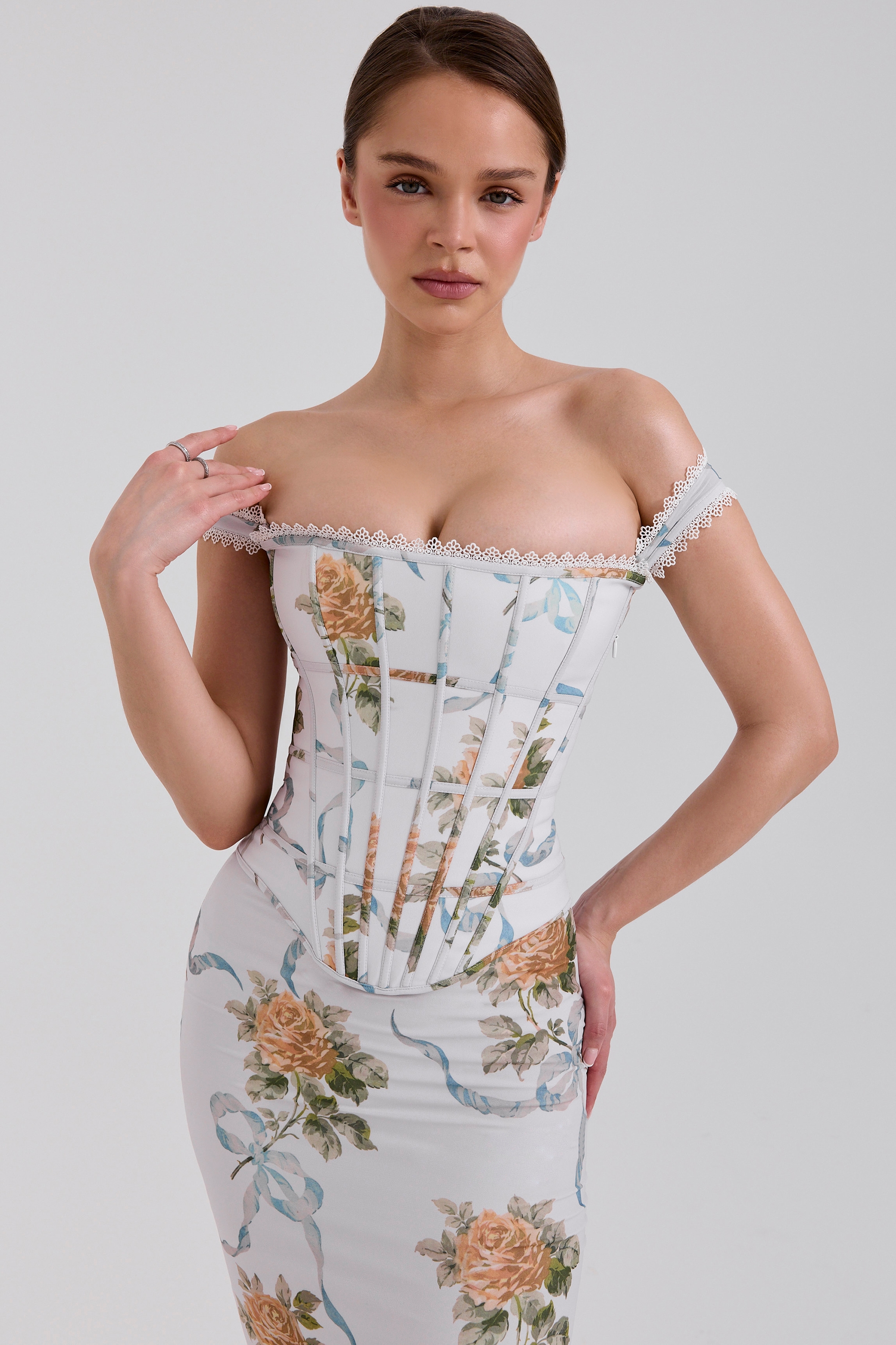 Isis  Soft Blue Vintage Print Corset Maxi Dress — image 5