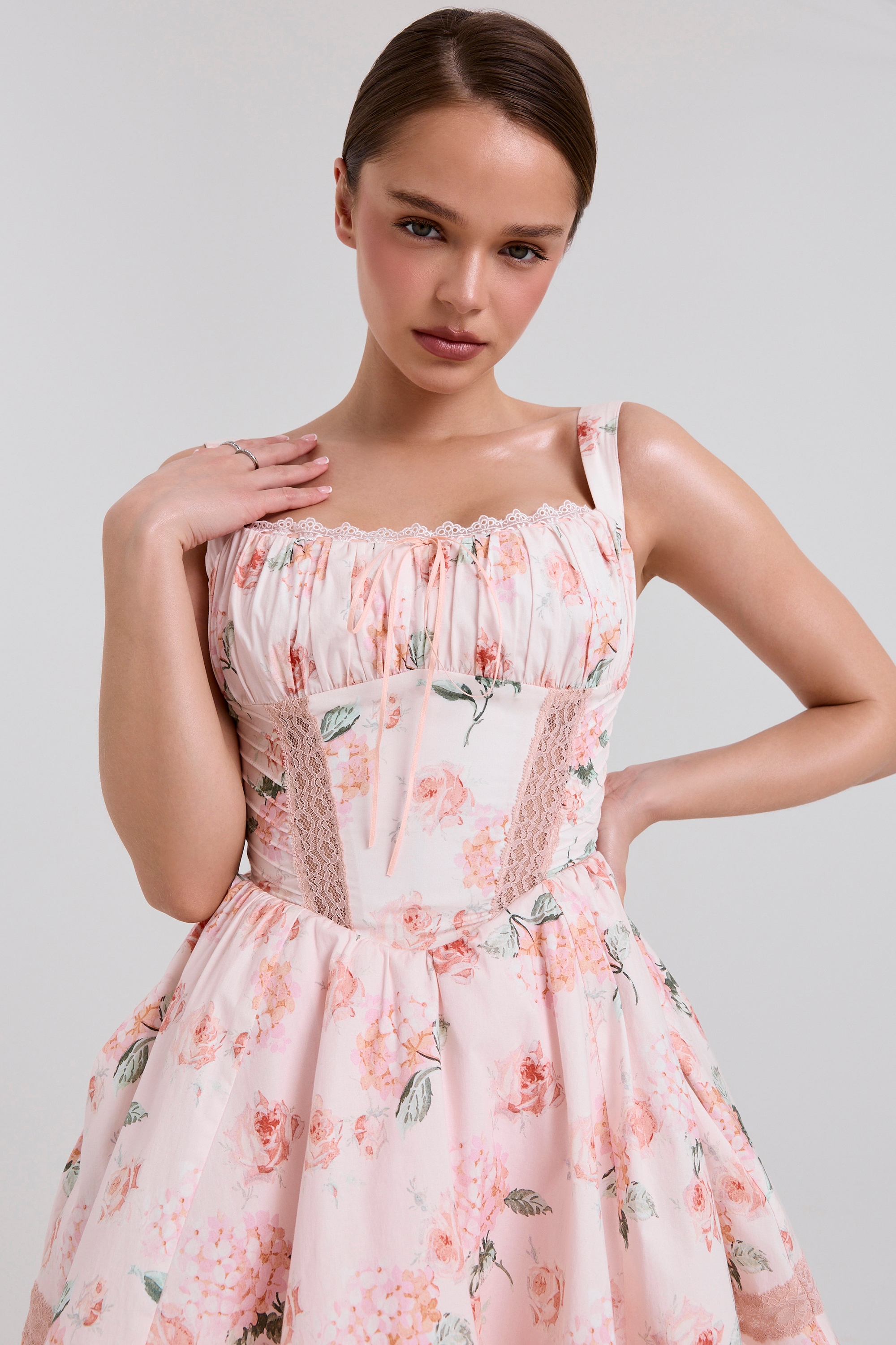 Kimmie  Peach Floral Rose Print Cotton Mini Dress — image 3