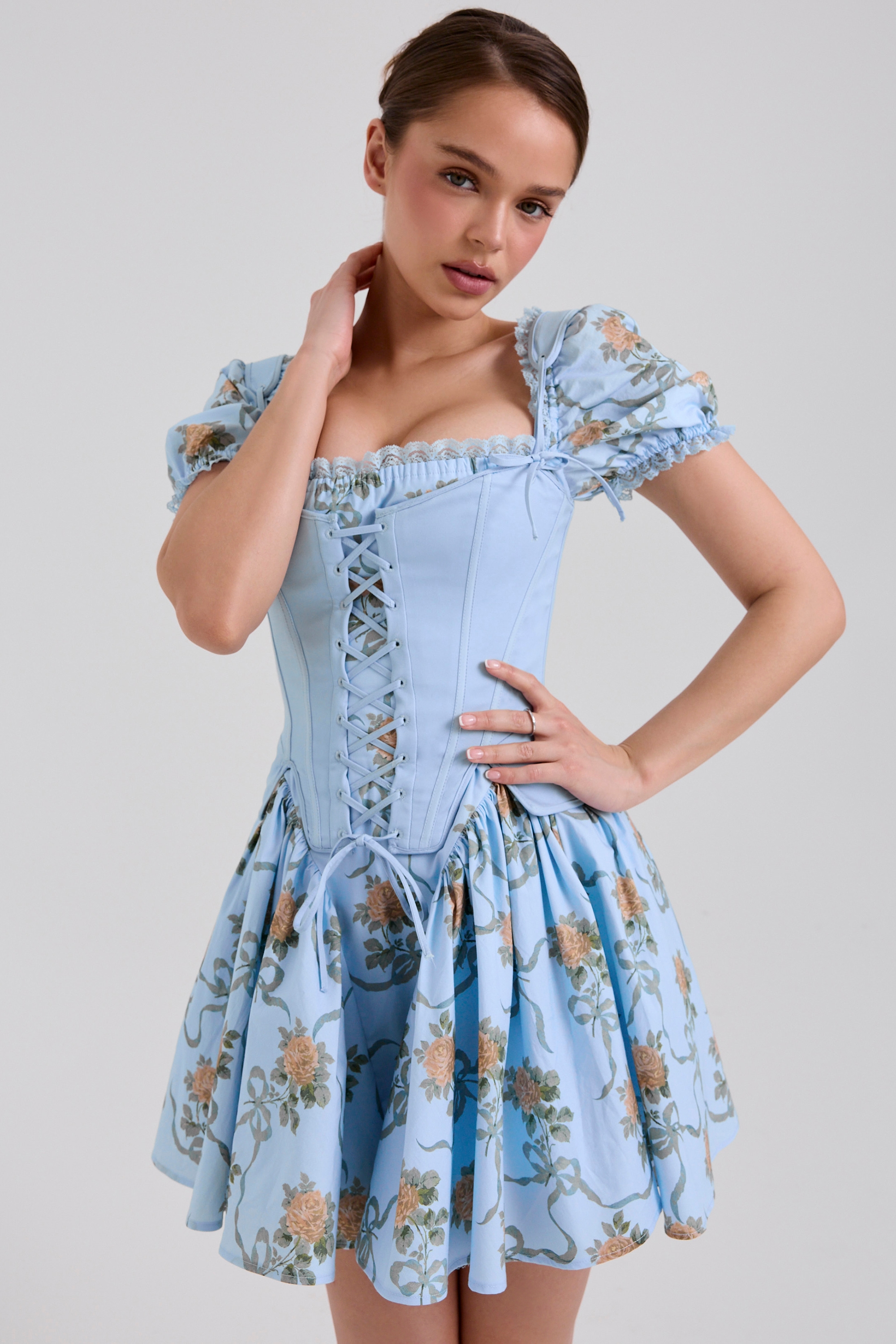Rosie  Blue Rose Print Cotton Mini Dress — image 6