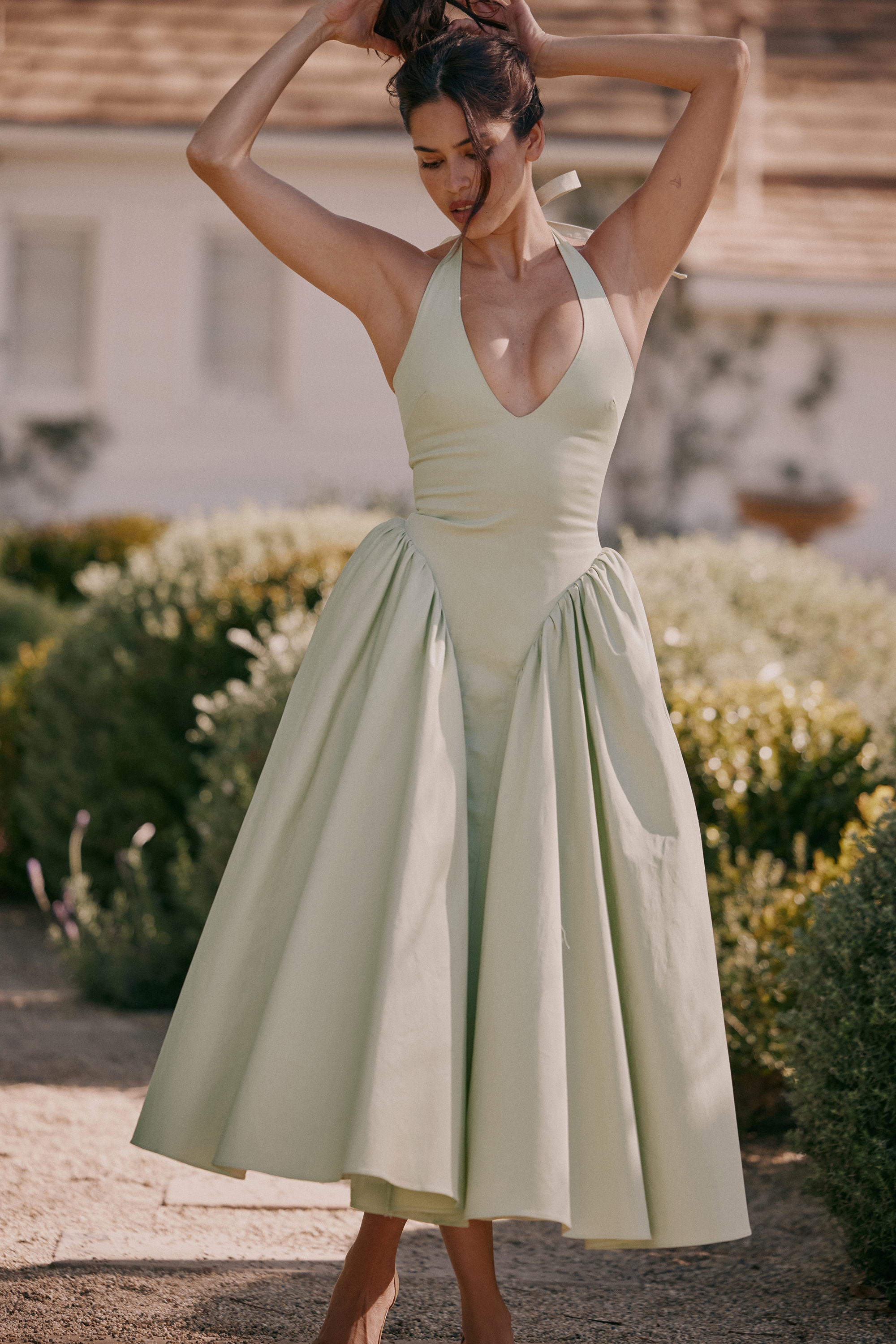 Marilyn  Pistachio Cotton Halter Midi Sundress — image 2