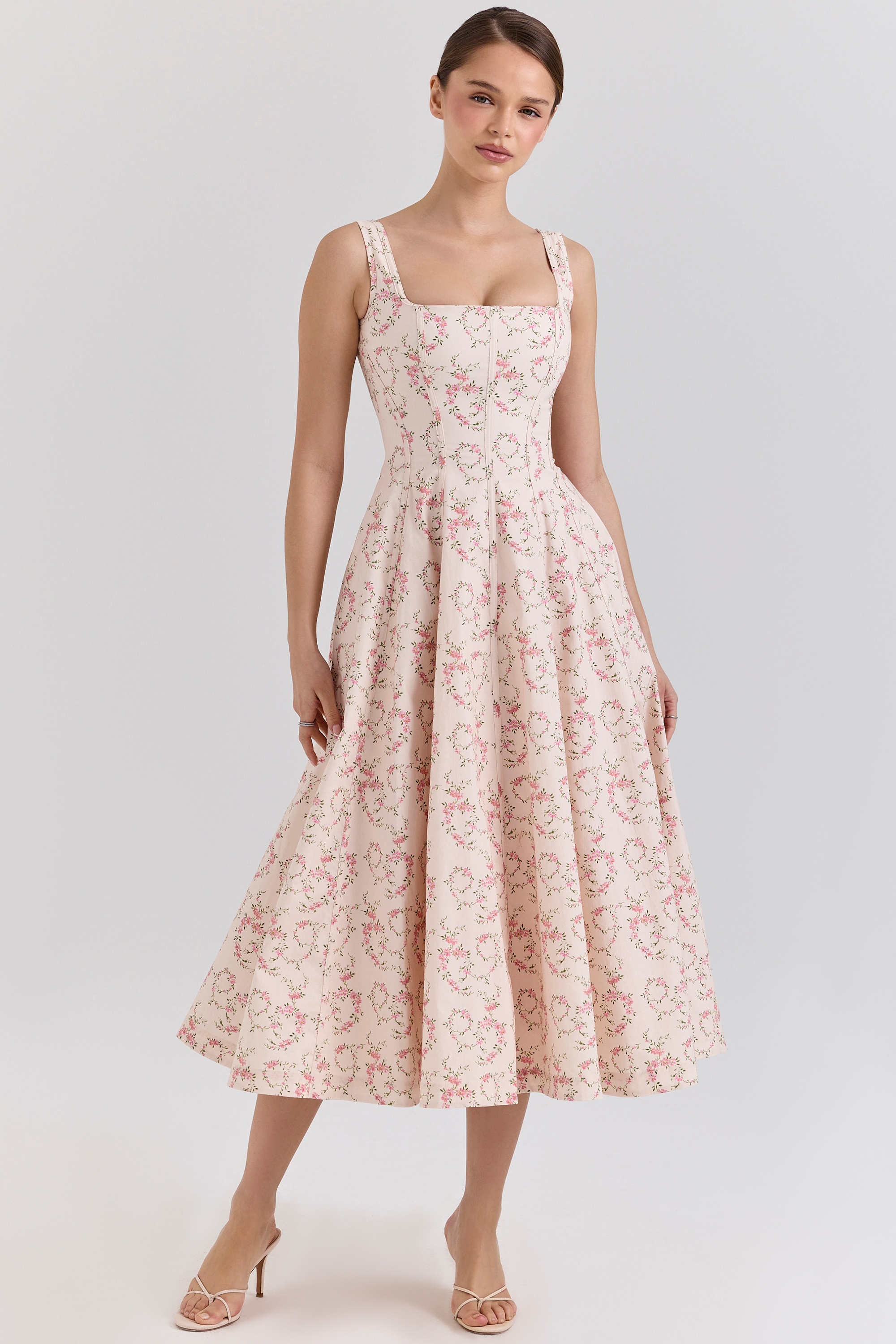 Mariabella Cream Floral Print Cotton Midi Sun Dress