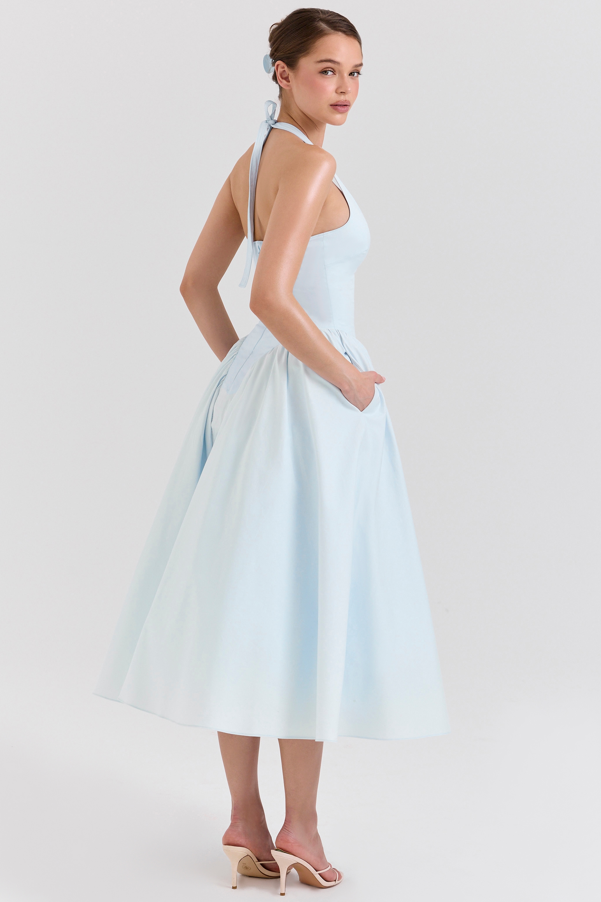 Marilyn  Soft Blue Cotton Twill Halter Midi Sundress — image 5