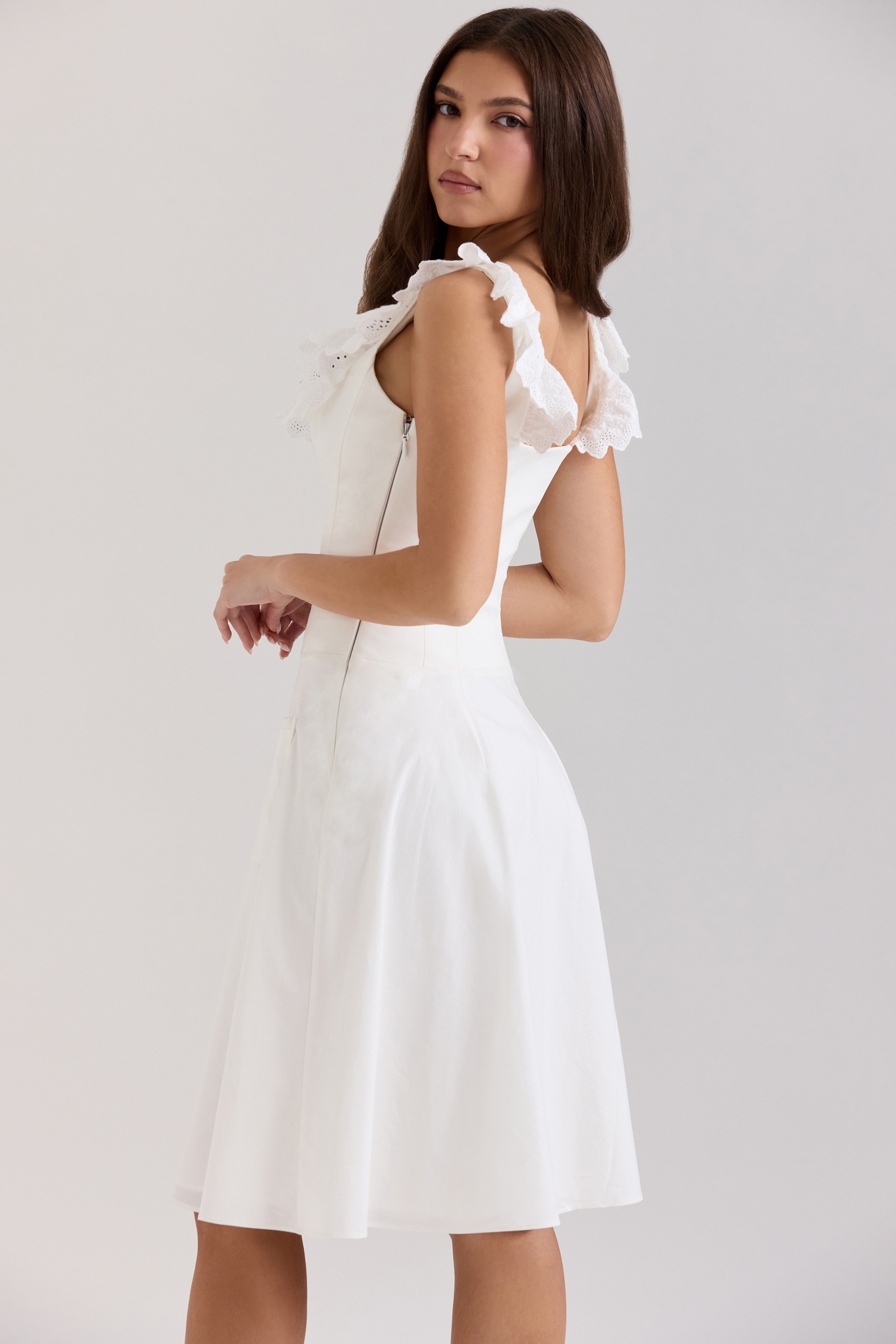 Mathilde  White Cotton Broderie Anglaise Trim Midi Dress — image 6