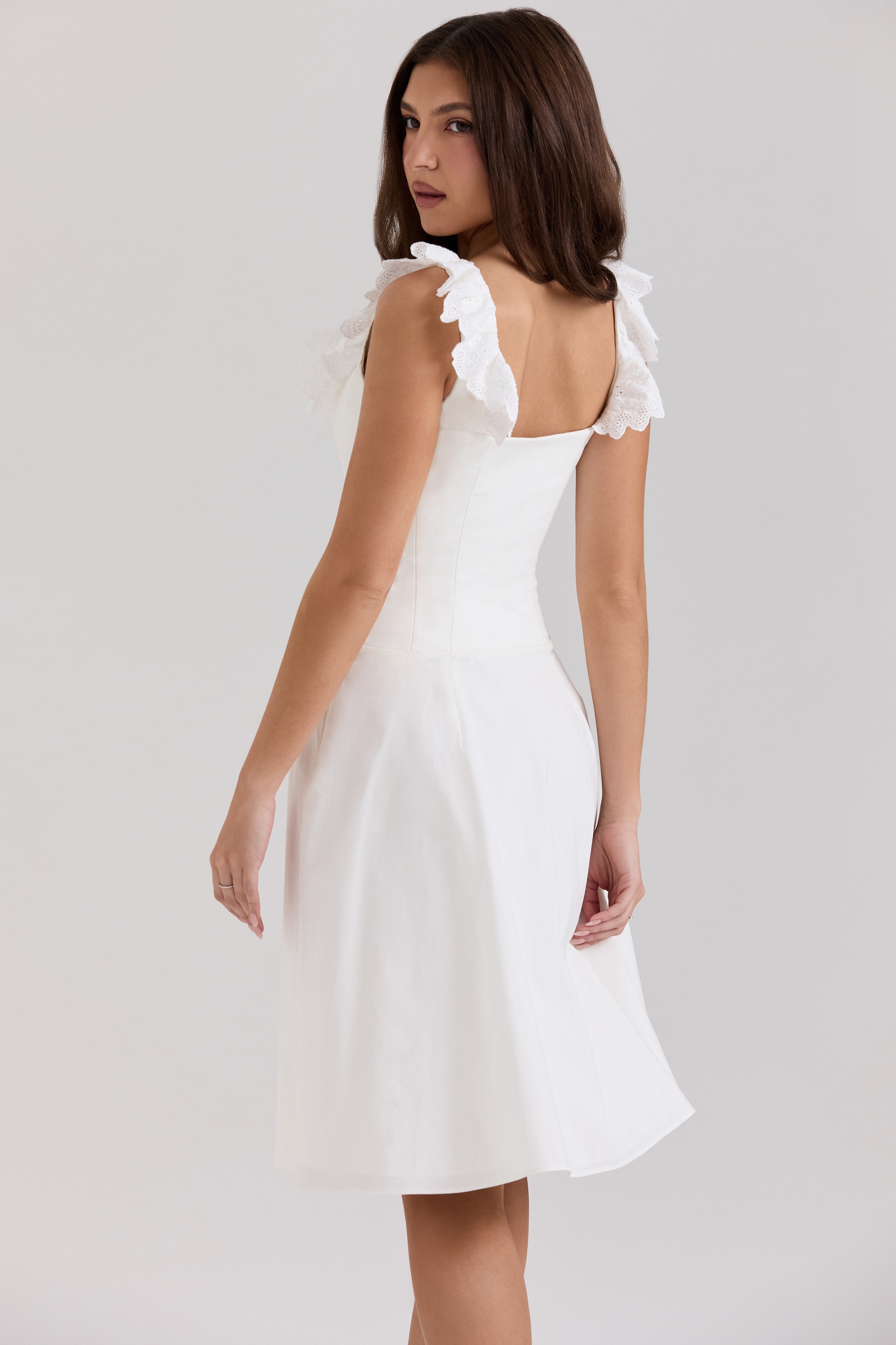 Mathilde  White Cotton Broderie Anglaise Trim Midi Dress — image 7