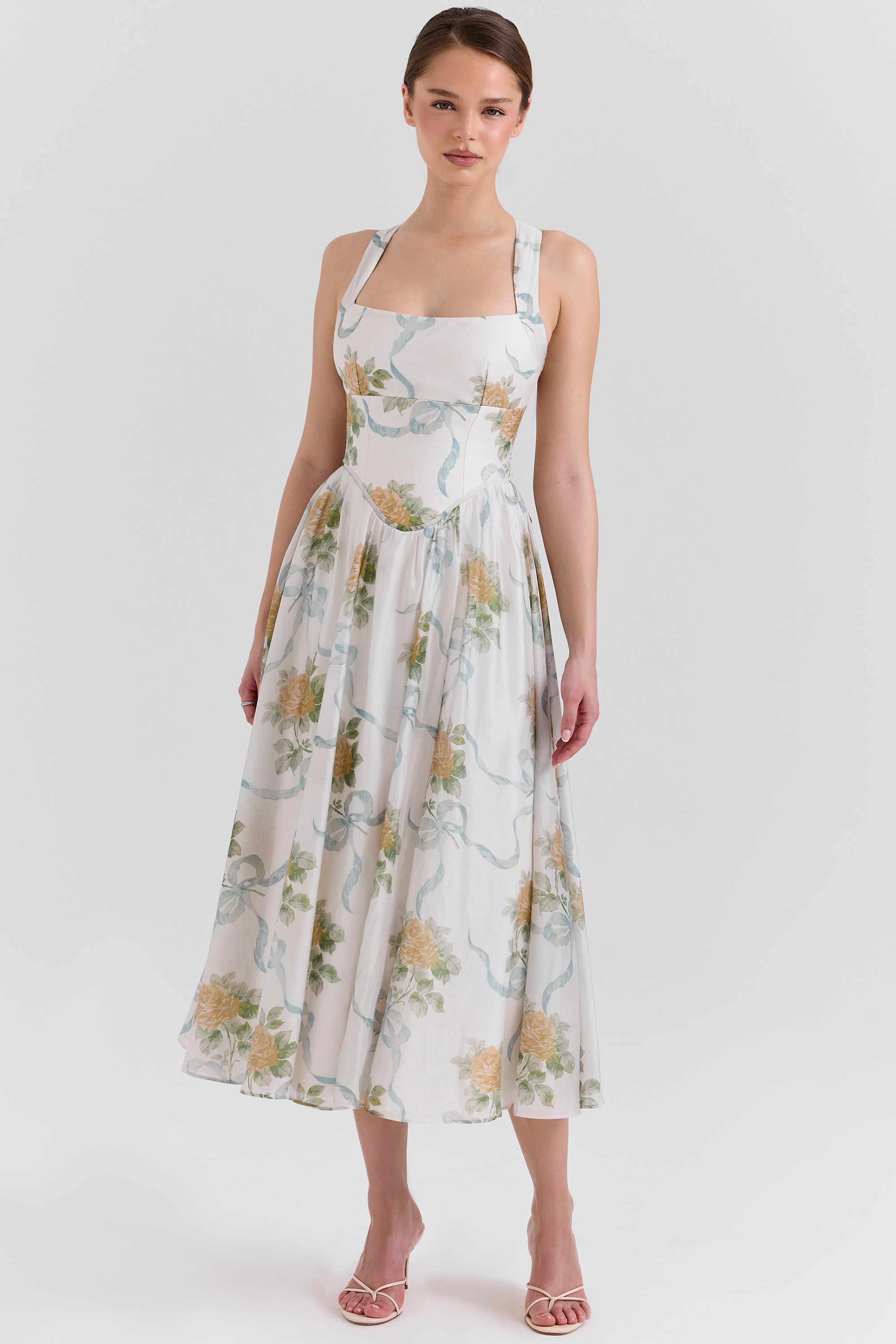 Minerva Soft Blue Vintage Ribbon Print Chiffon Midi Dress