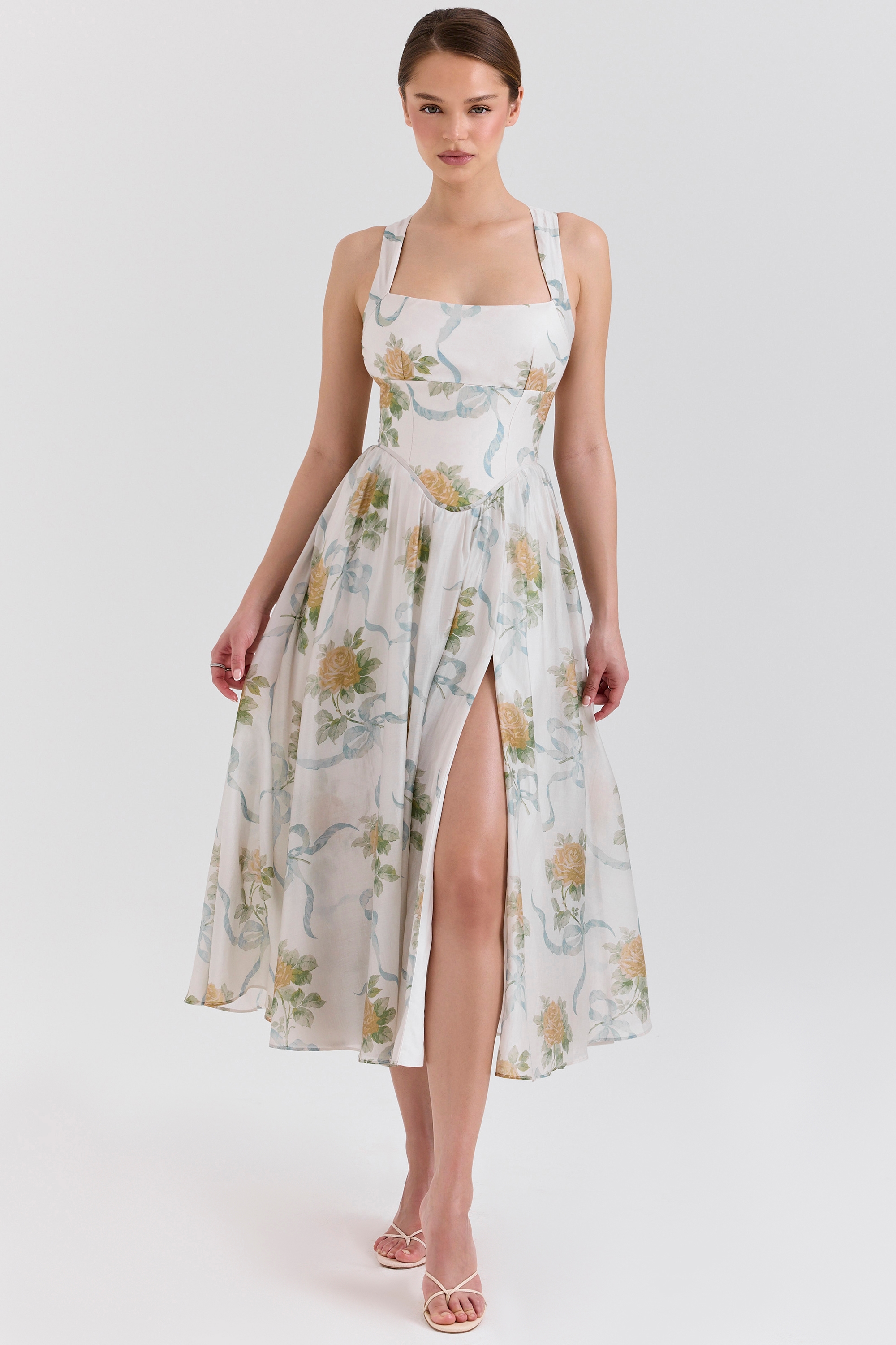 Minerva  Soft Blue Vintage Ribbon Print Chiffon Midi Dress — image 3