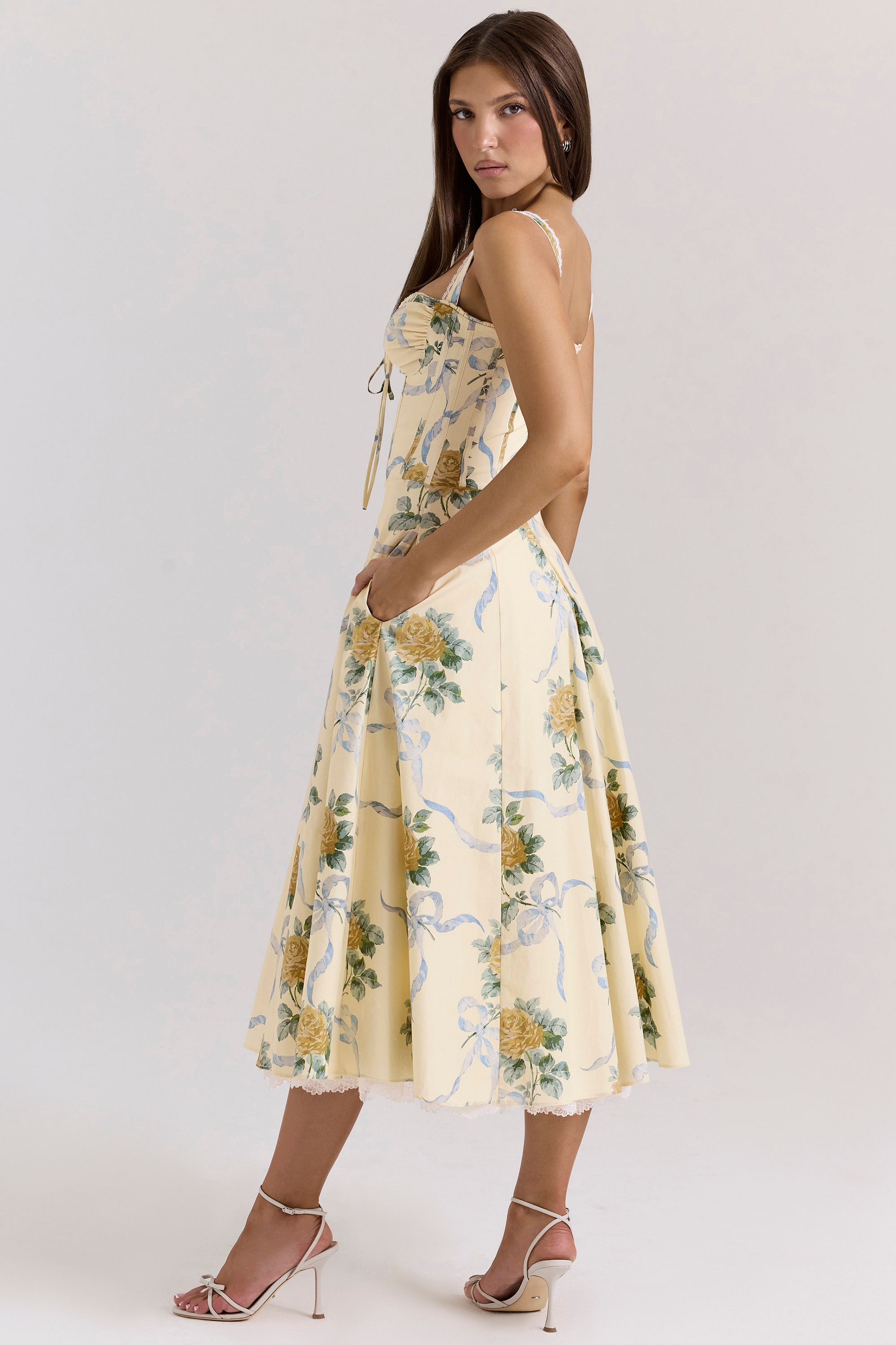 Rosalee  Lemon Vintage Ribbon Print Cotton Midi Dress — image 7