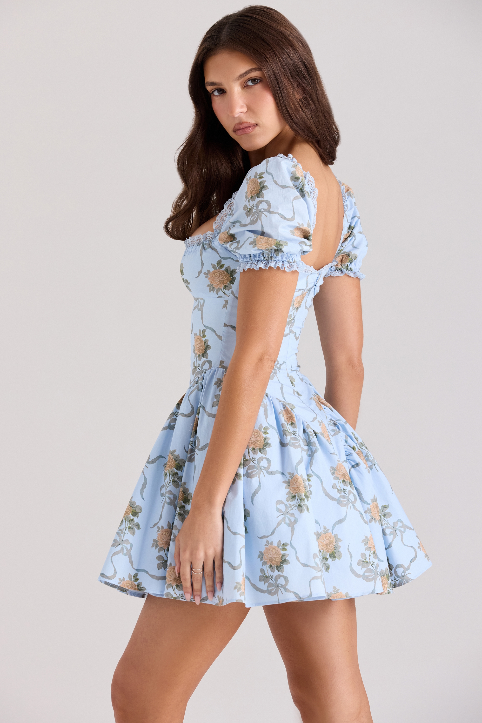 Rosie  Blue Rose Print Cotton Mini Dress — image 5