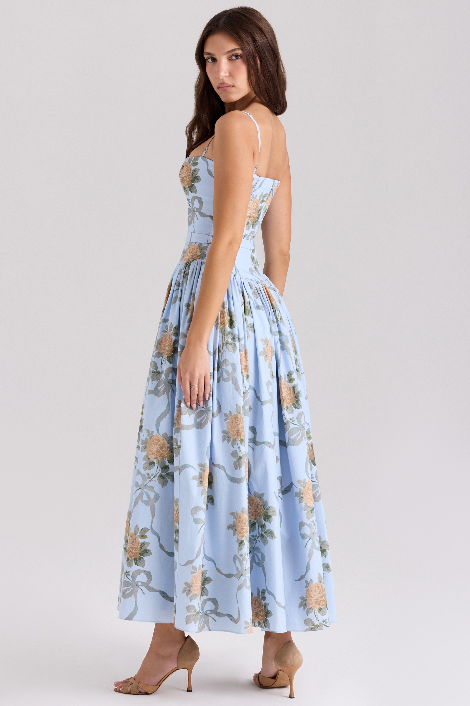 Ysabella  Blue Vintage Rose Print Cotton Midi Sundress — image 3