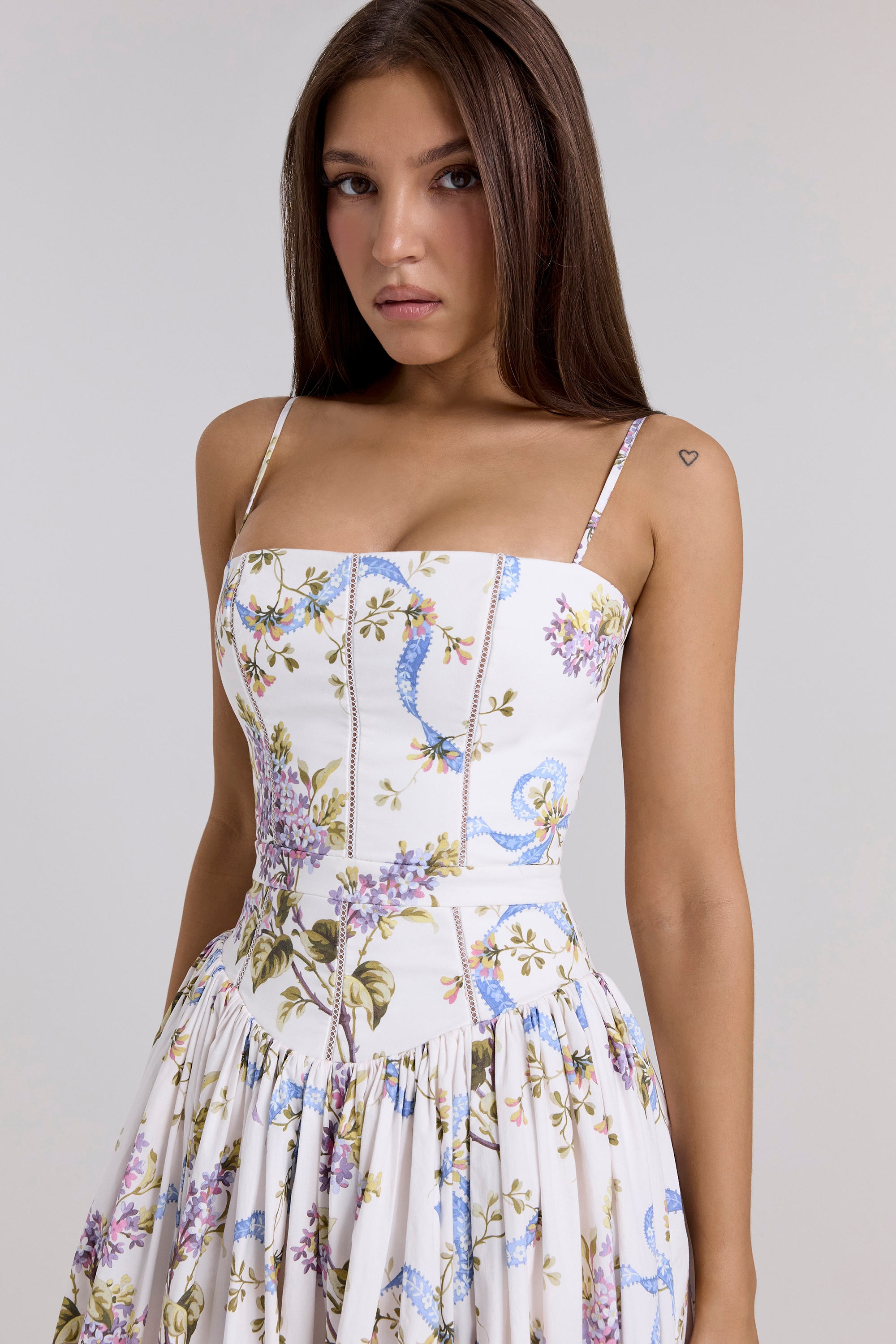 Ysabella  Off White Vintage Ribbon Print Cotton Midi Sundress — image 5