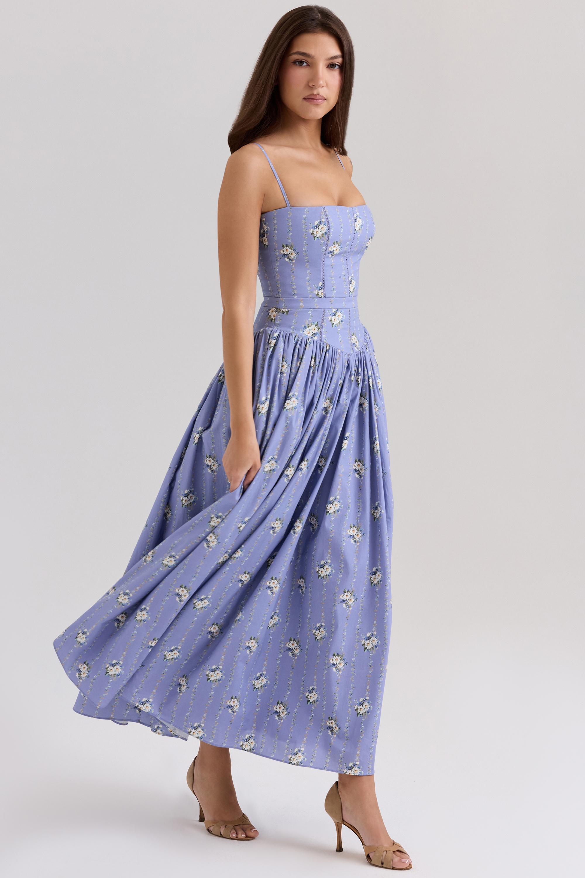 Ysabella  Blue Daisy Print Stretch Cotton Midi Sundress — image 5