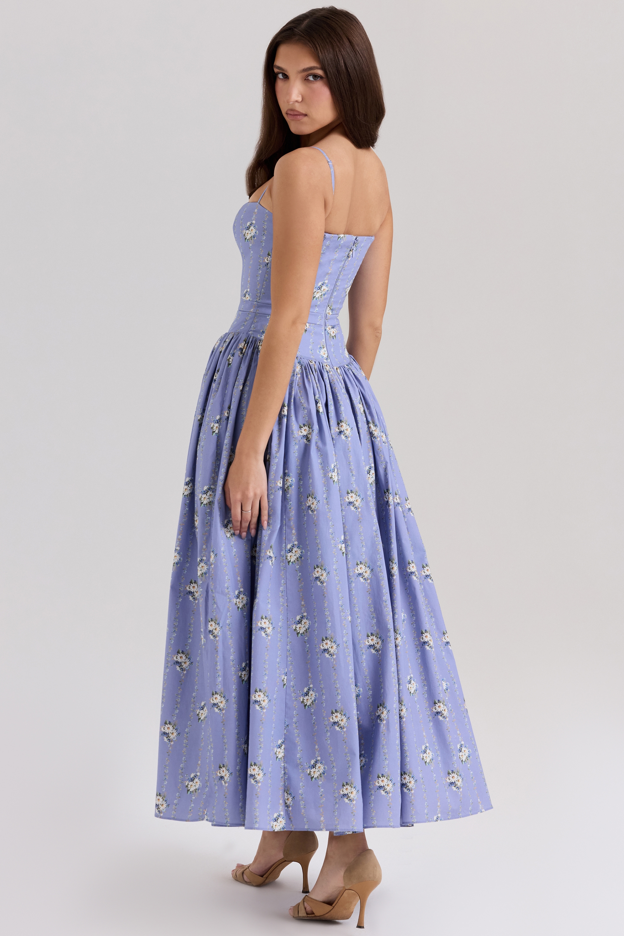 Ysabella  Blue Daisy Print Stretch Cotton Midi Sundress — image 2