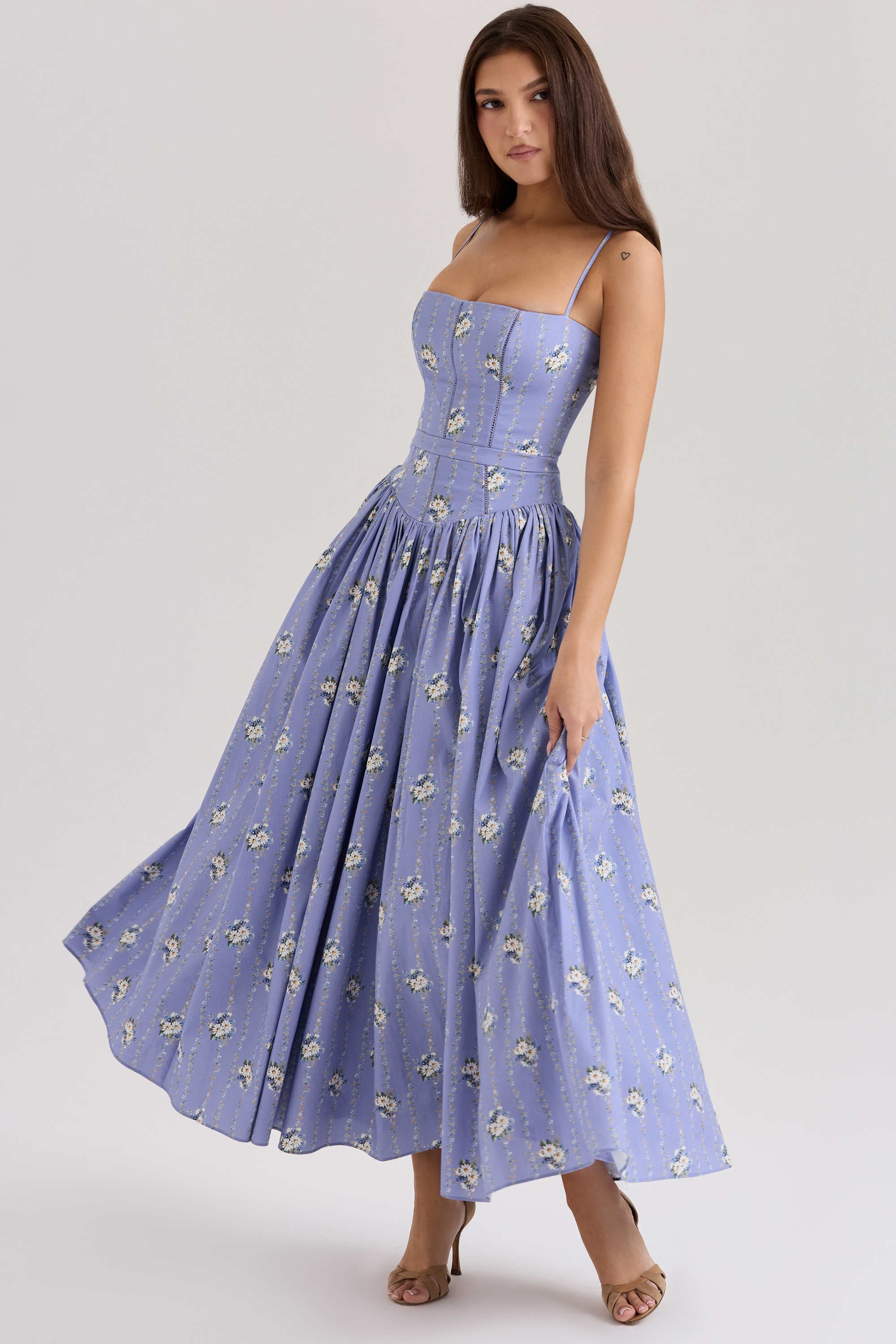 Ysabella  Blue Daisy Print Stretch Cotton Midi Sundress — image 1