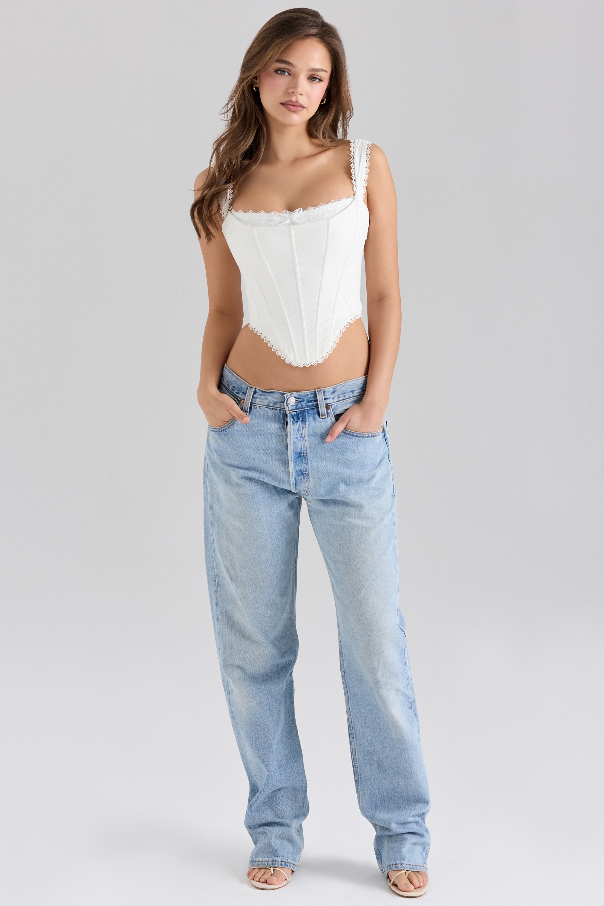 Adina  White Stretch Cotton Scallop Trim Corset Top — image 3