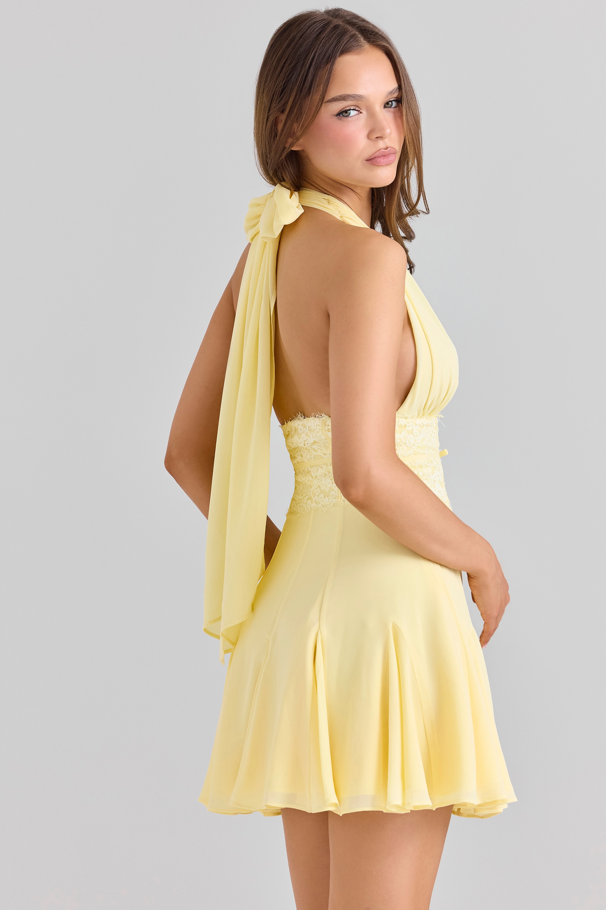 Ailani  Butter Yellow Georgette Halter Neck Mini Dress — image 2