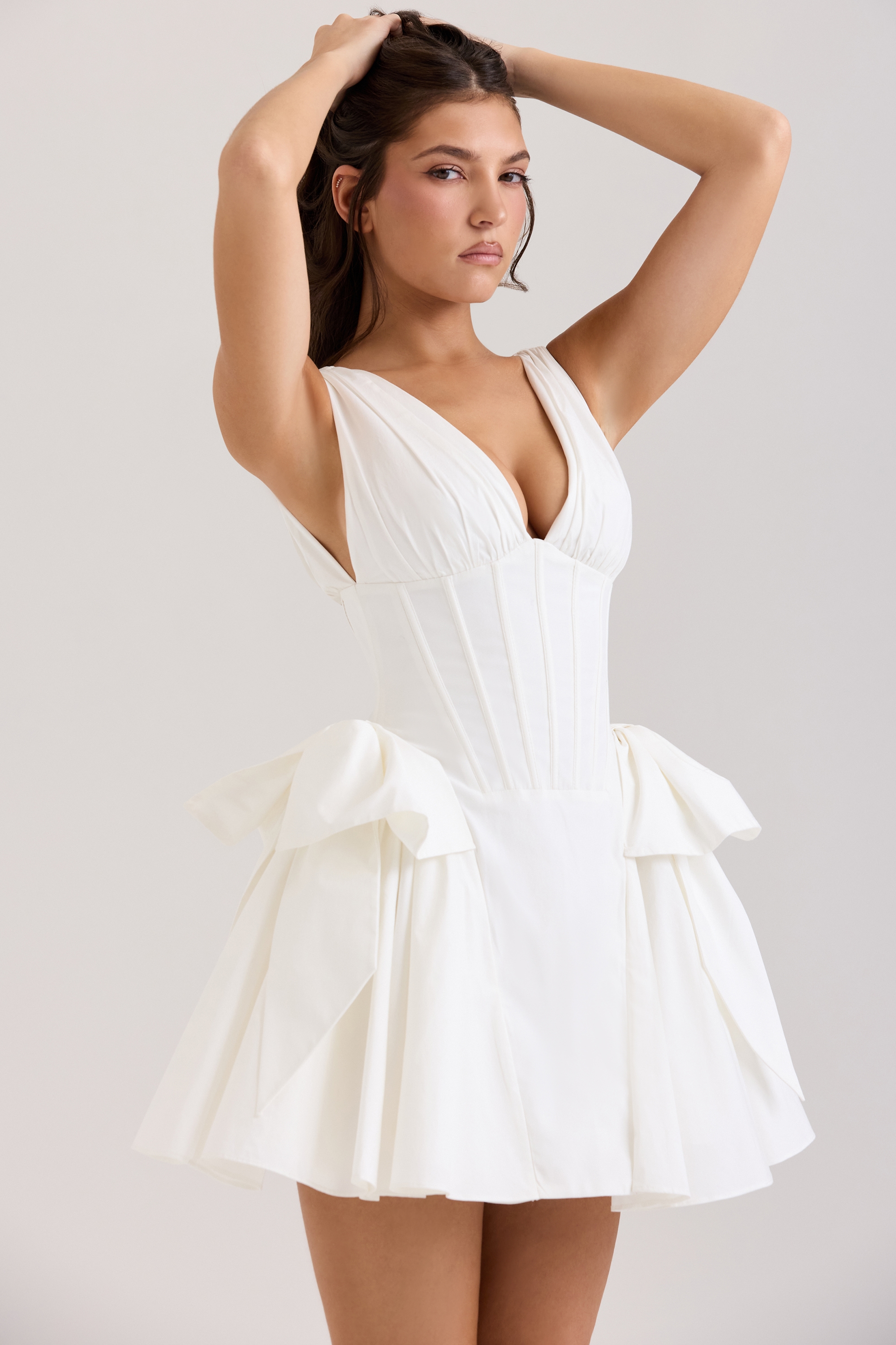Amalia  White Stretch Cotton Bow Mini Dress — image 3