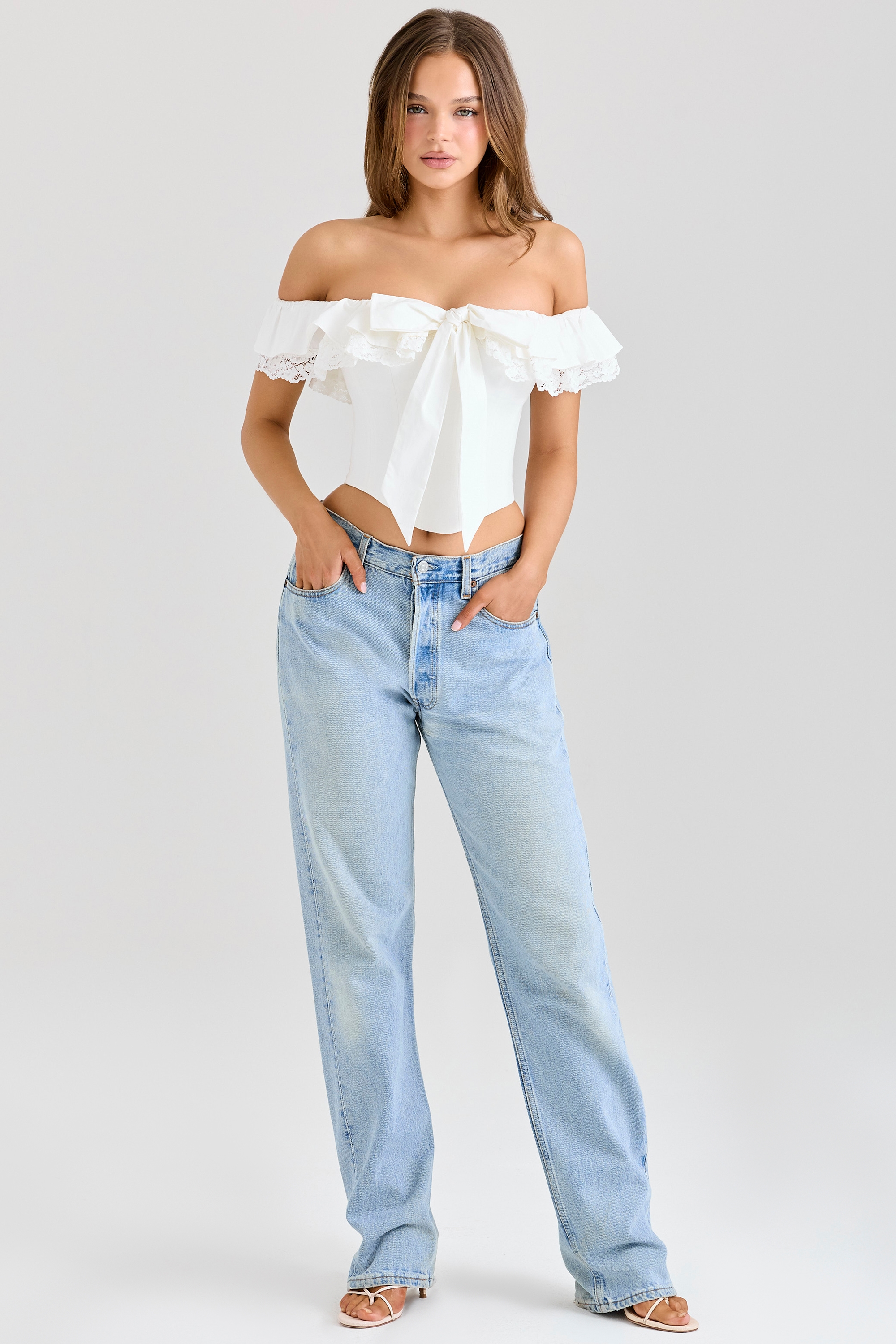 Aria  White Stretch Cotton Off-The-Shoulder Frill Corset — image 3