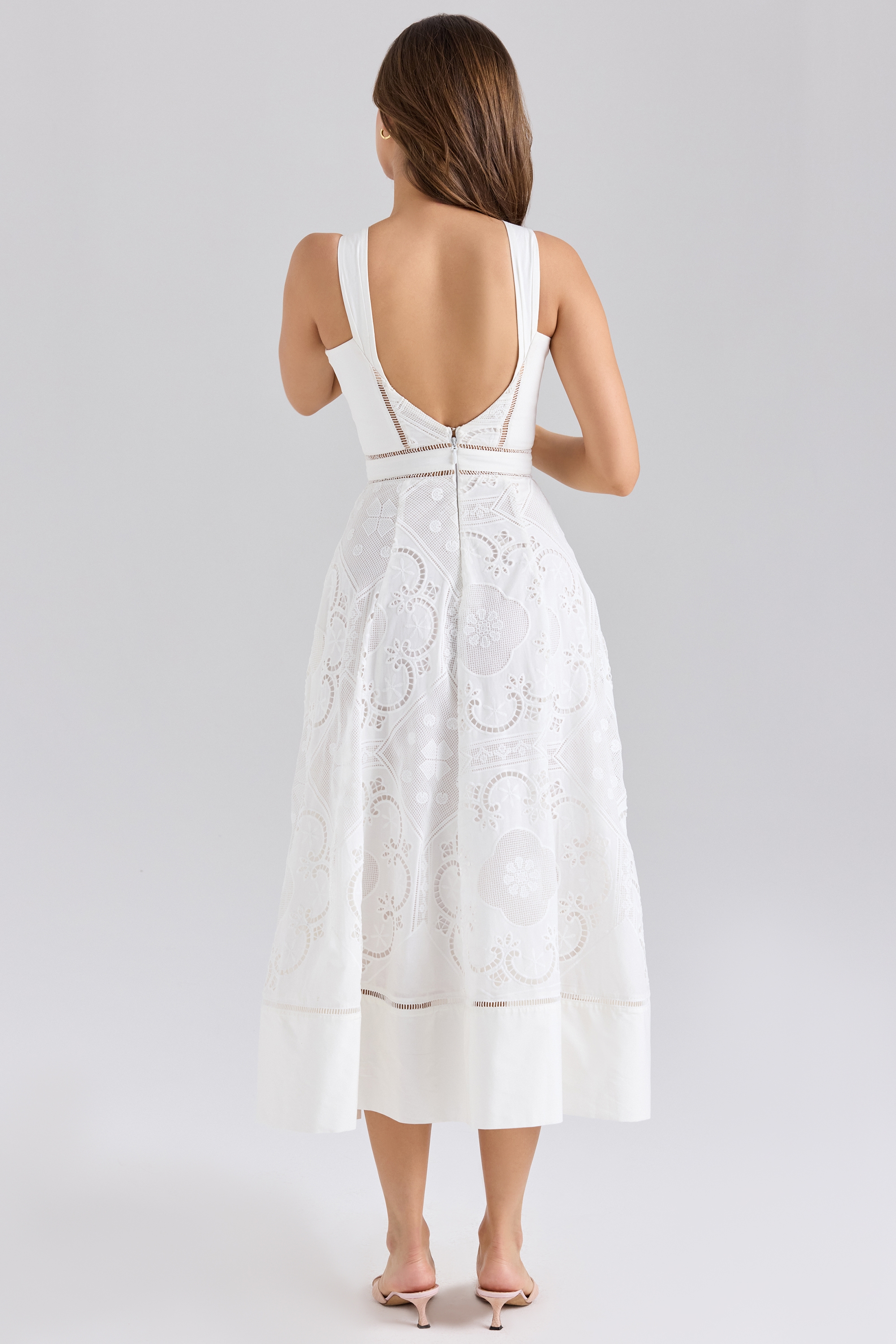 Ava  White Stretch Cotton Broderie Anglaise Midi Dress — image 7