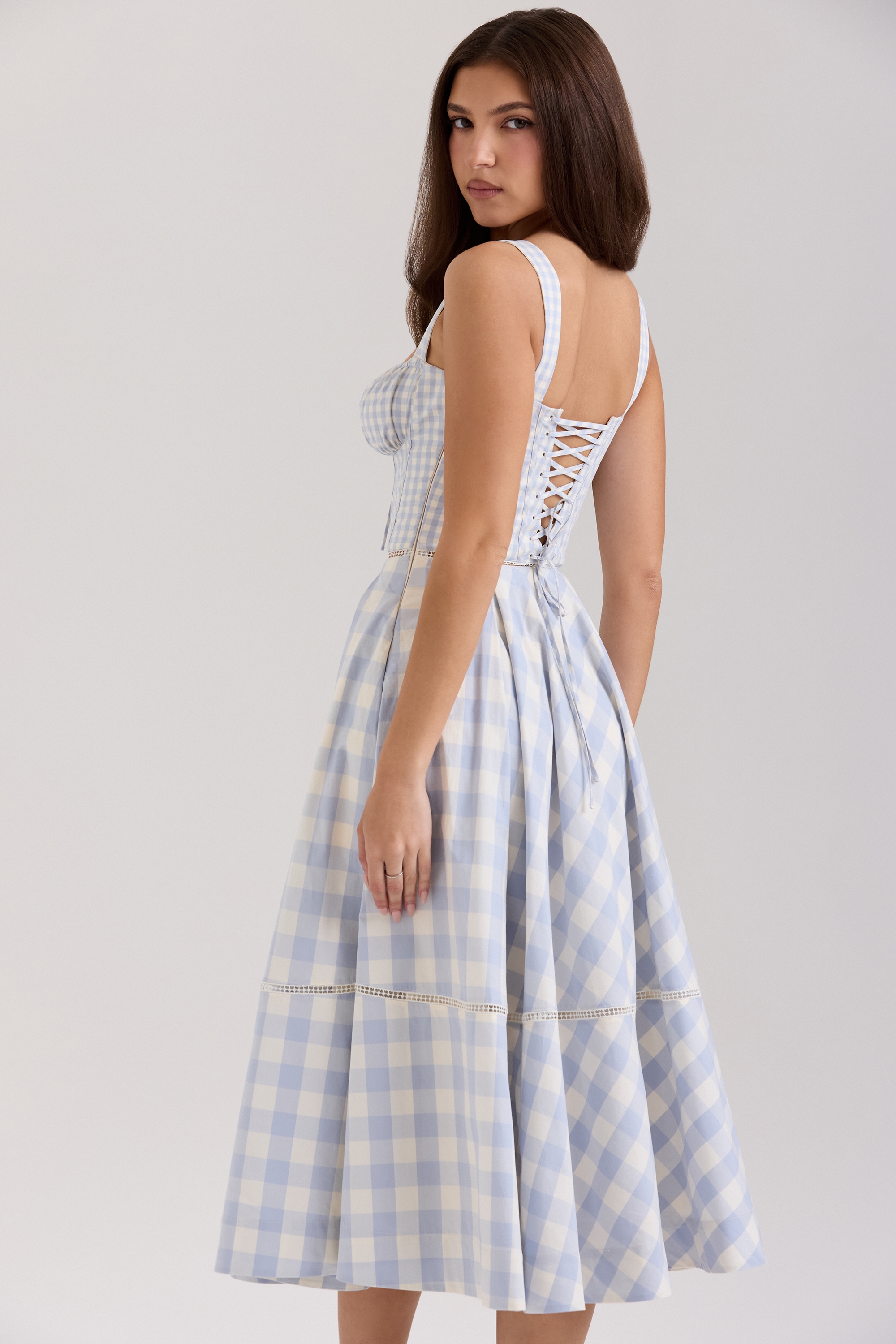 Chiarina  Light Blue Gingham Stretch Cotton Midi Dress — image 6
