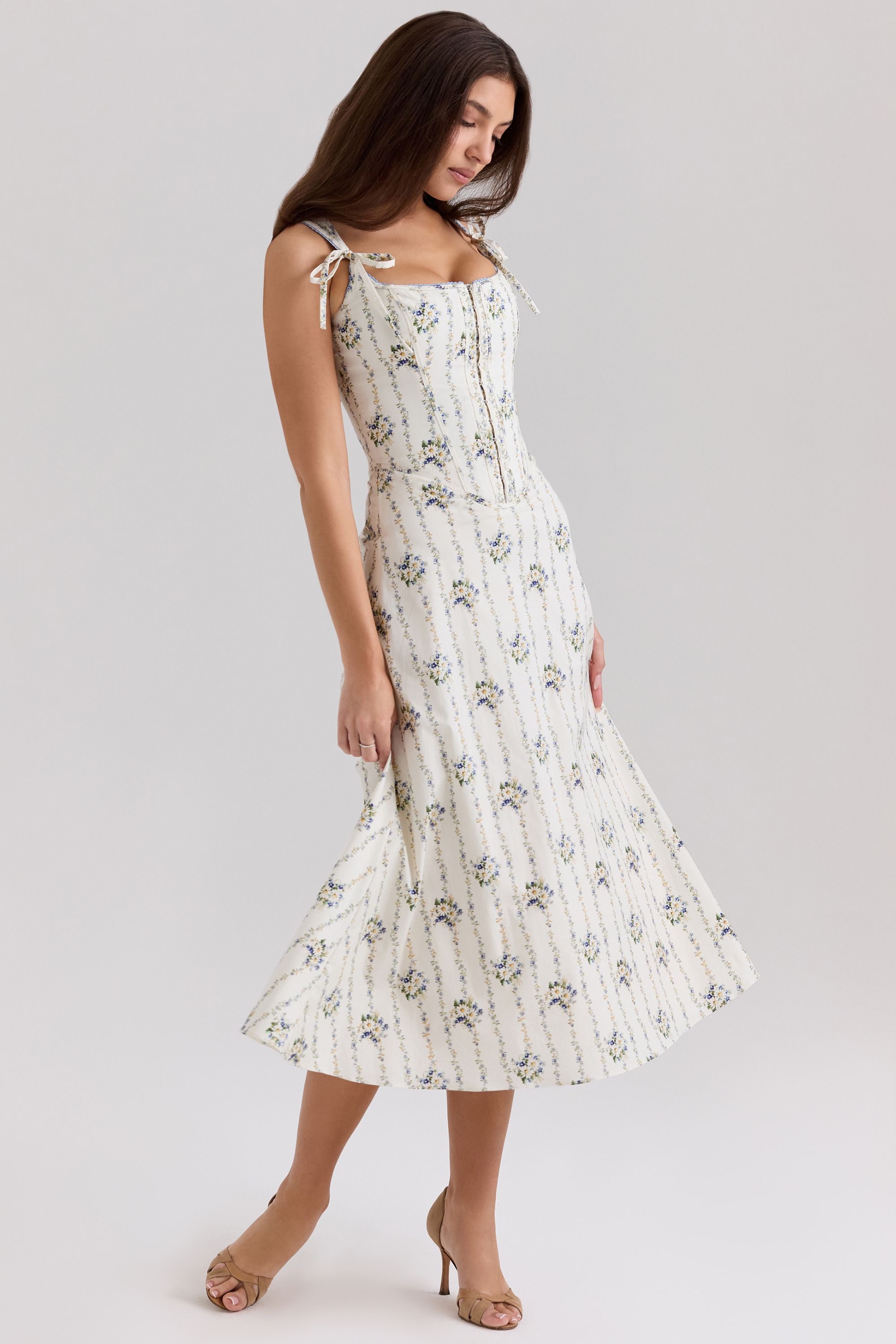 Dionne  Cream Daisy Print Stretch Cotton Midi Dress — image 6