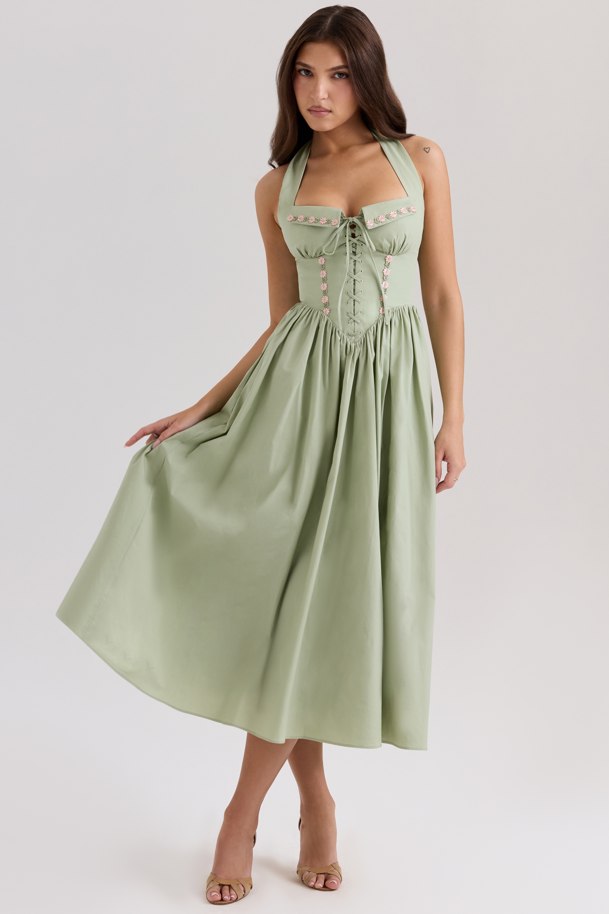 Emilia  Sage Stretch Cotton Halter Neck Midi Dress — image 3