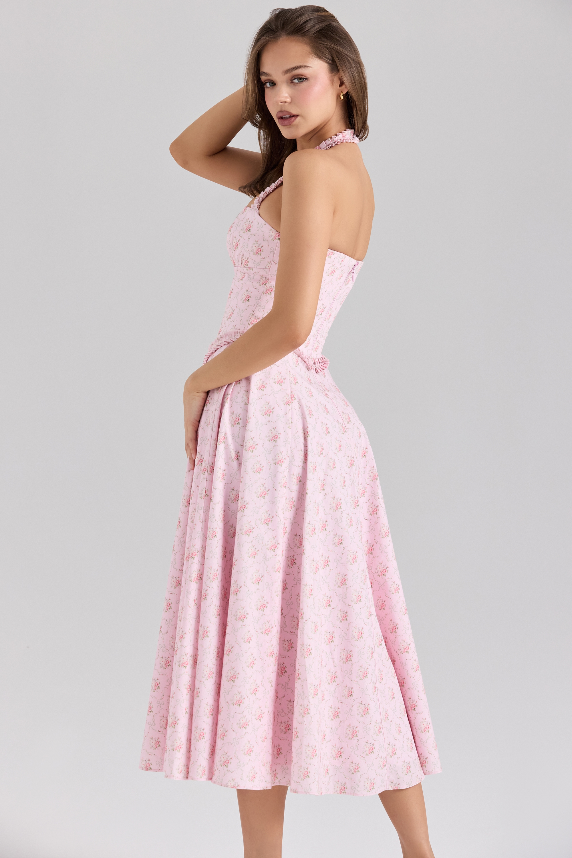 Georgie  Pink Rose Print Stretch Cotton Halter Neck Midi Dress — image 7